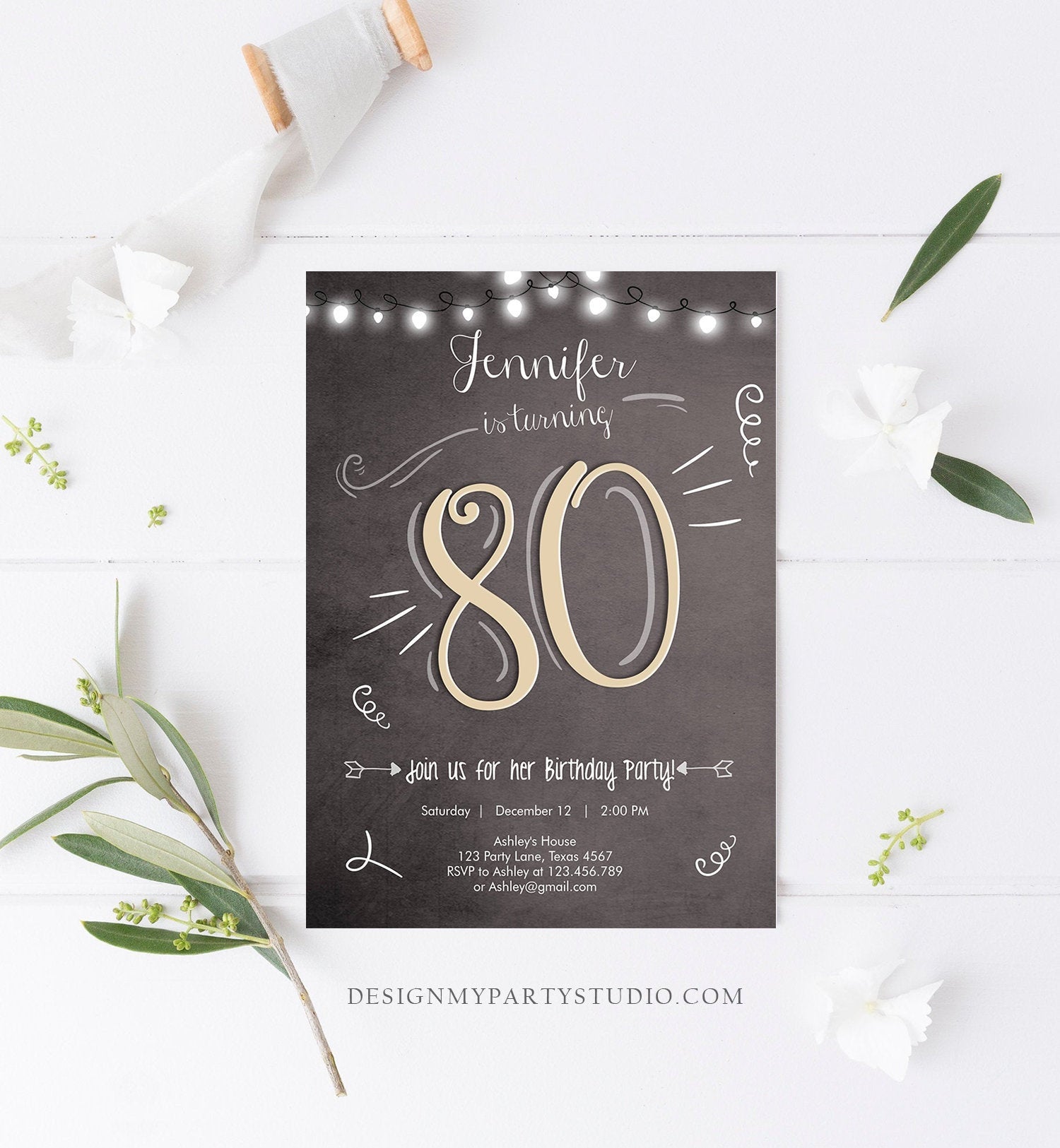 Editable 80th Birthday Invitation Chalkboard Rustic Adult Birthday Invitation Eighty Download Printable Invitation Template Corjl 0230