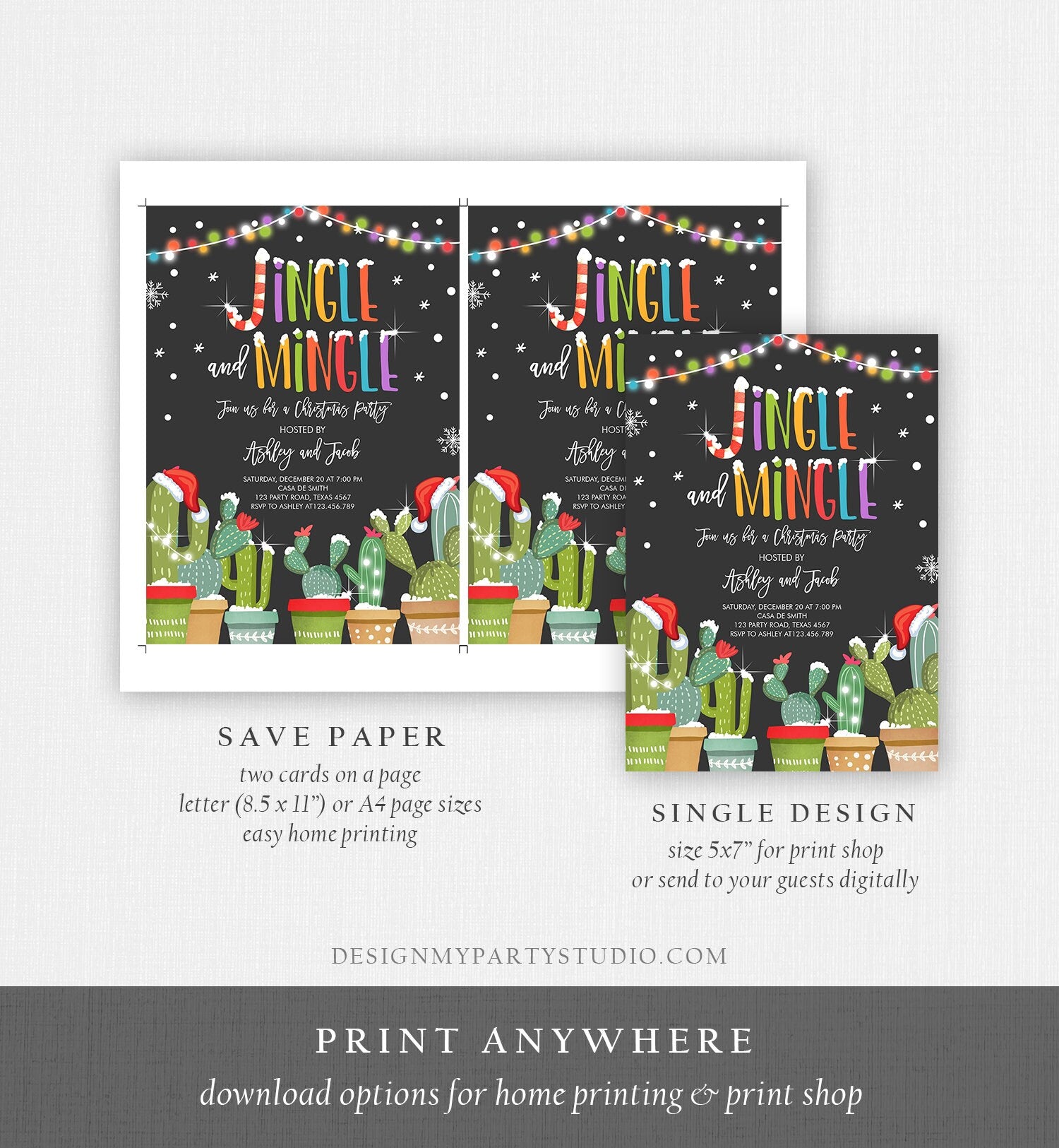 Editable Jingle and Mingle Christmas Party Invitation Cactus Mexican Holiday Christmas Fiesta Xmas Download Printable Corjl Template 0273