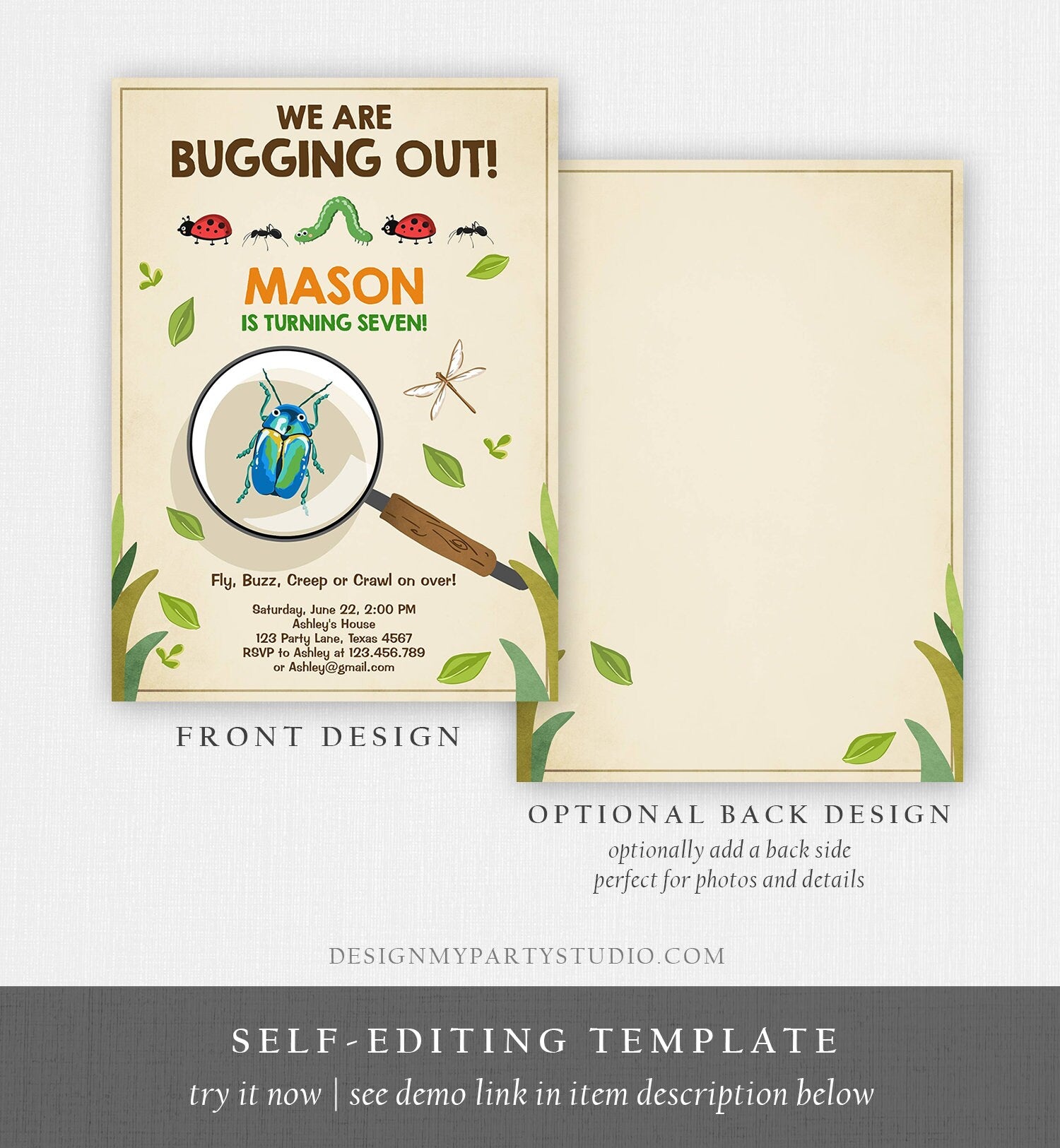 Editable Bug Birthday Invitation Insect Party We Are Bugging Out bug Hunt Bugs Boy Printable Invitation Template Digital Corjl 0090