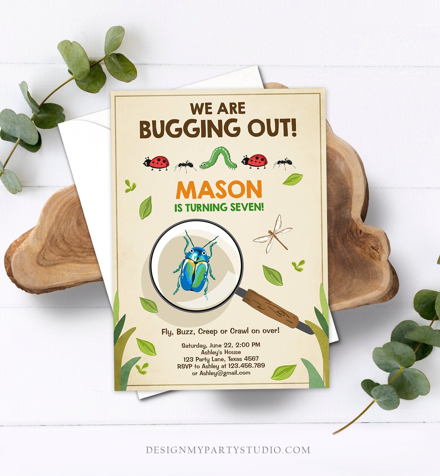 Editable Bug Birthday Invitation Insect Party We Are Bugging Out bug Hunt Bugs Boy Printable Invitation Template Digital Corjl 0090