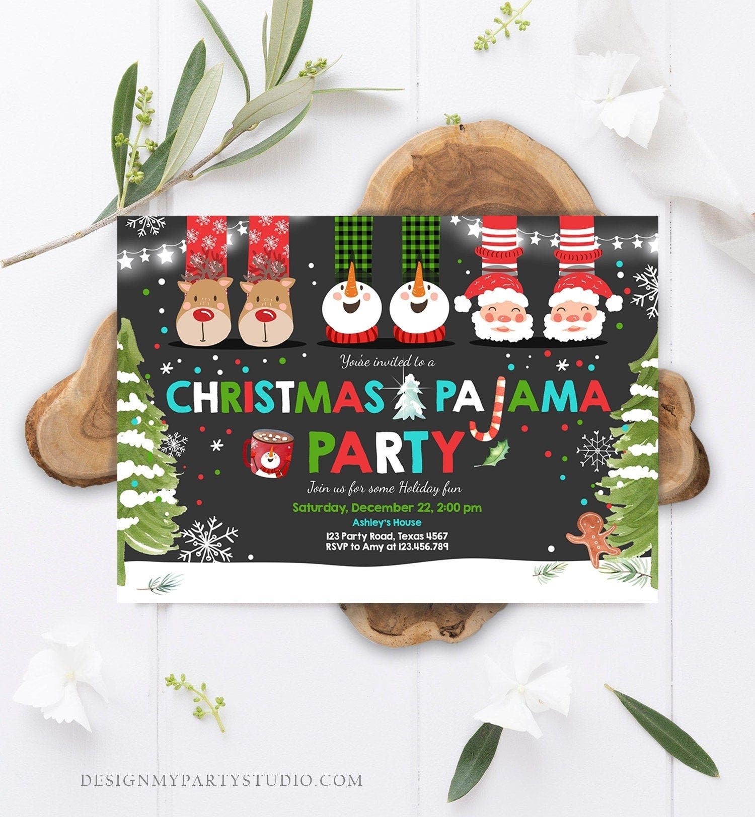 Editable Christmas Pajama Party Christmas Birthday Invitation Pancakes Xmas Party Sleepover Download Printable Corjl Template Digital 0274