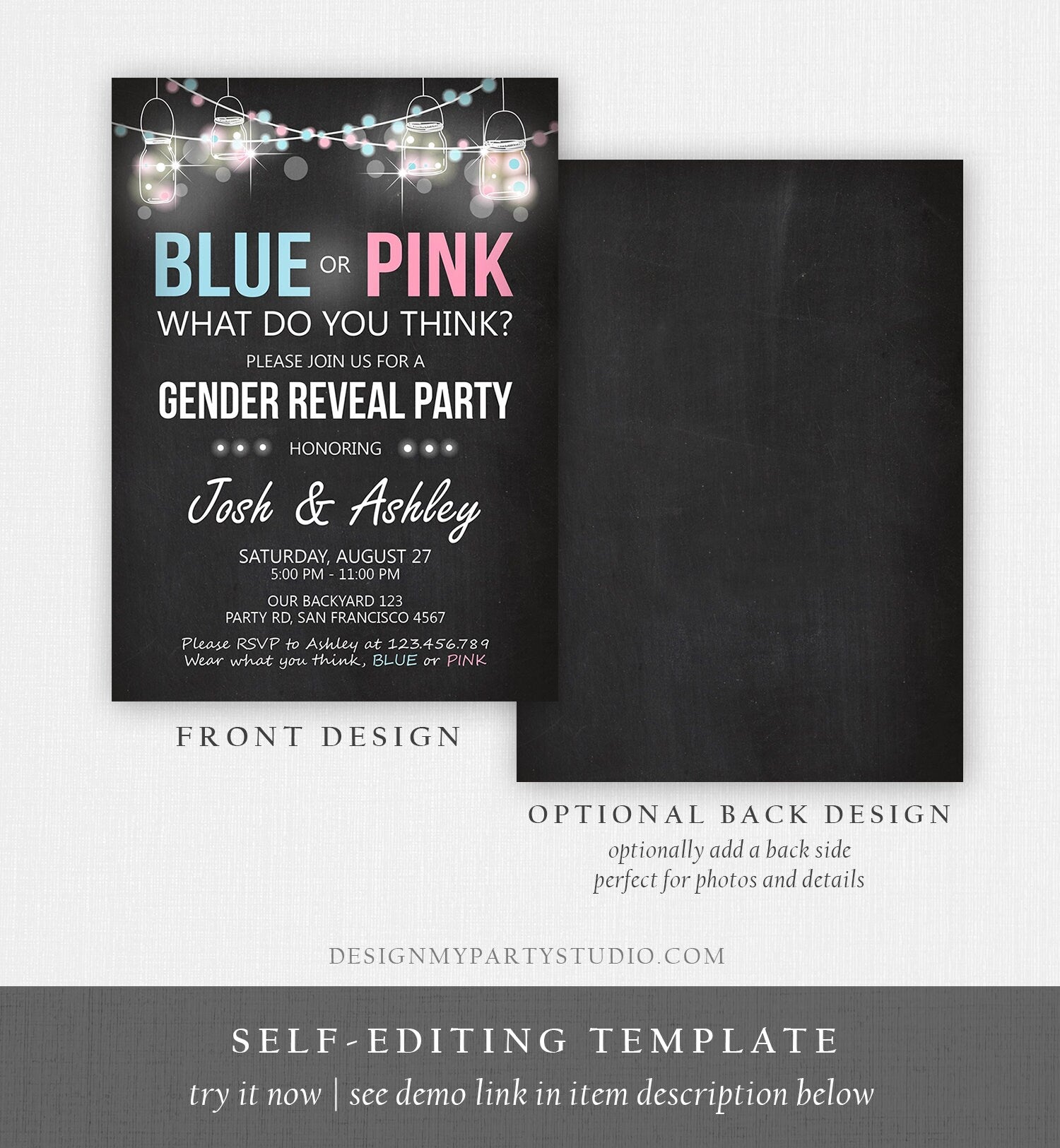 Editable Gender Reveal Invitation Baby Shower Boy or Girl Pink or Blue He She Chalk Rustic Template Instant Download Digital Corjl