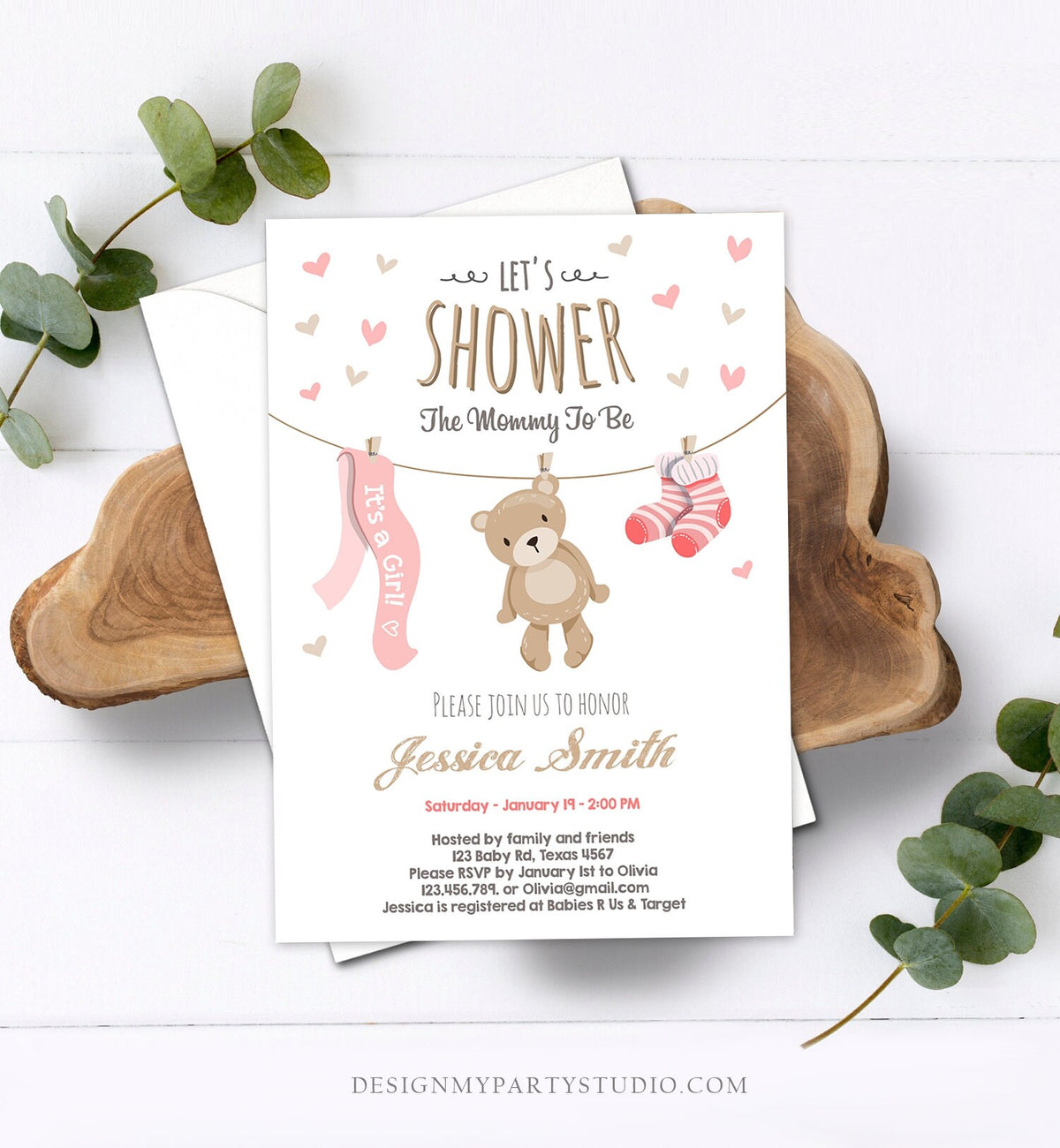 Editable Baby Shower Invitation Teddy Bear Cute Baby Girl Pink Bear Little Cub It&#39;s a Girl Invite Template Instant Download Corjl 0025