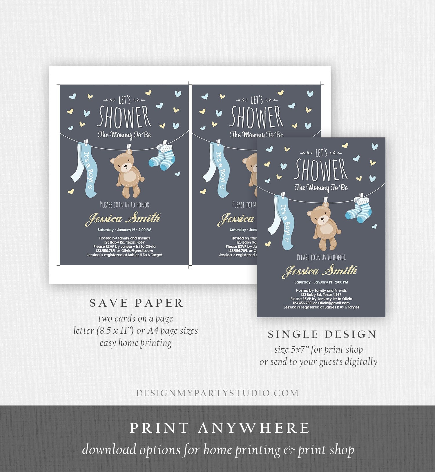 Editable Baby Shower Invitation Teddy Bear Cute baby Boy Blue Bear Little Cub Invitation Template Instant Download Digital Corjl 0025