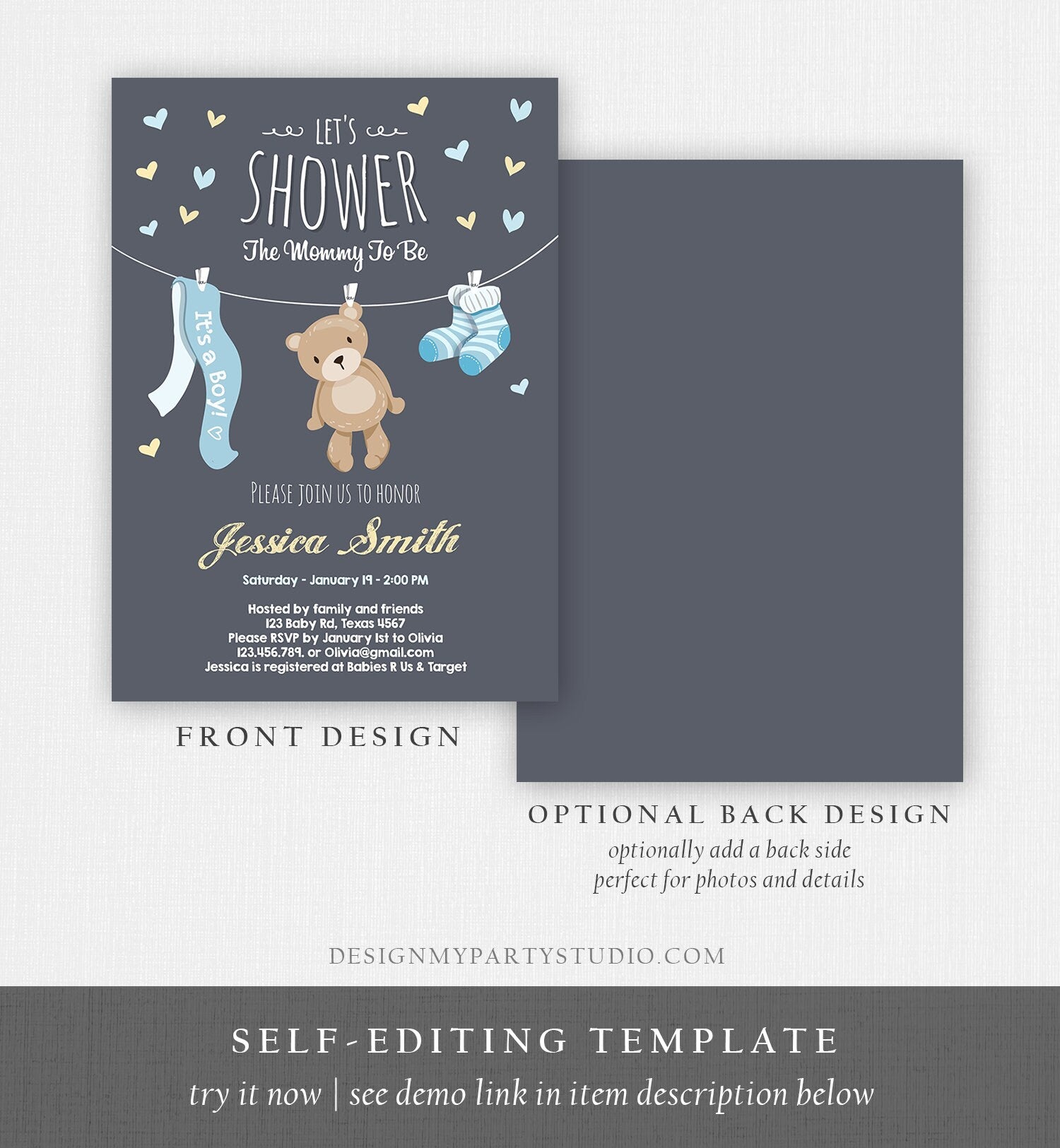 Editable Baby Shower Invitation Teddy Bear Cute baby Boy Blue Bear Little Cub Invitation Template Instant Download Digital Corjl 0025