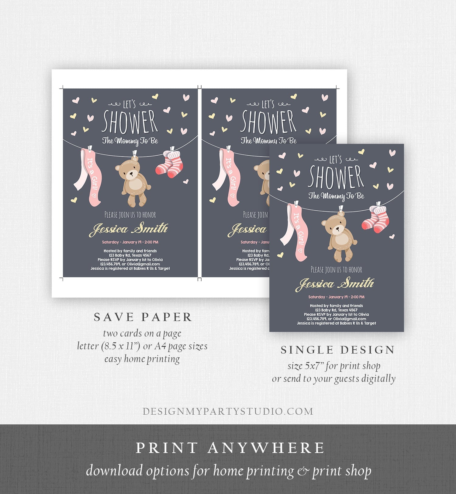 Editable Baby Shower Invitation Girl Pink Teddy Bear Cute Bear Little Cub Clothes Invitation Woodland Template Instant Download Corjl 0025