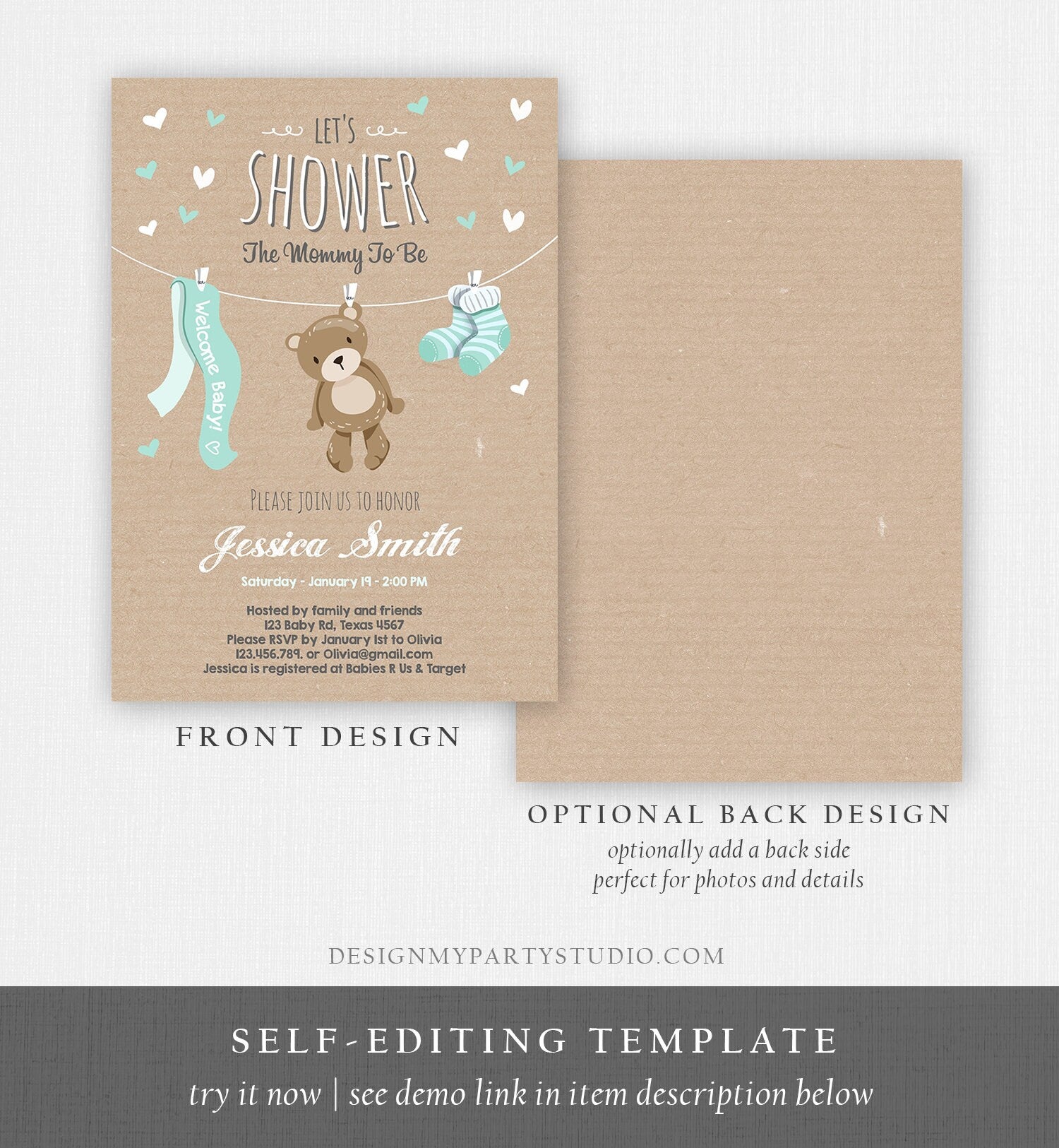 Editable Baby Shower Invitation Teddy Bear Cute Mint Green Tiffany Bear Little Cub Invitation Gender Neutral Template Download Corjl 0025