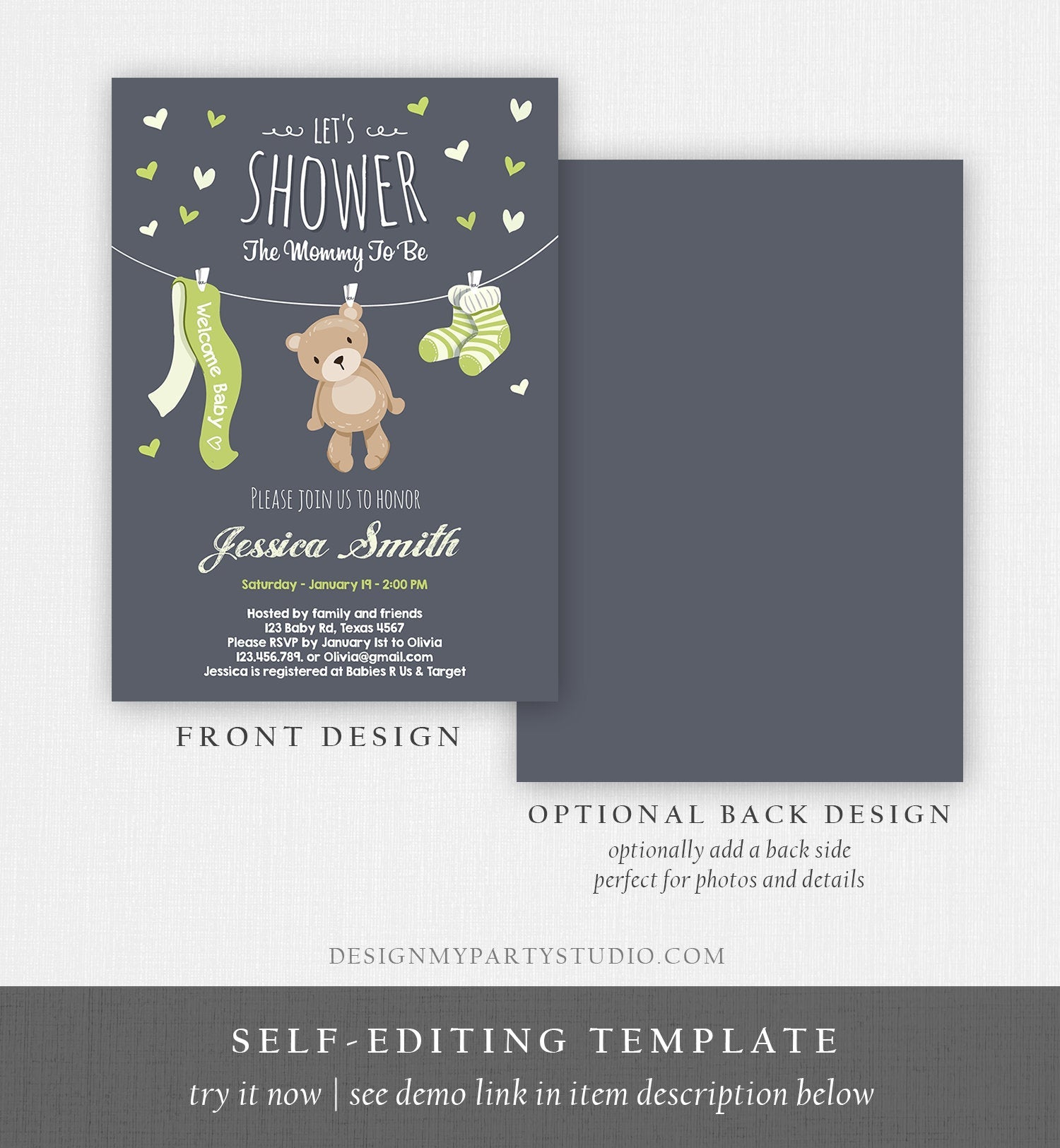 Editable Baby Shower Invitation Teddy Bear Cute baby Boy Blue Green Bear Little Cub Invitation Template Instant Download Digital Corjl 0025