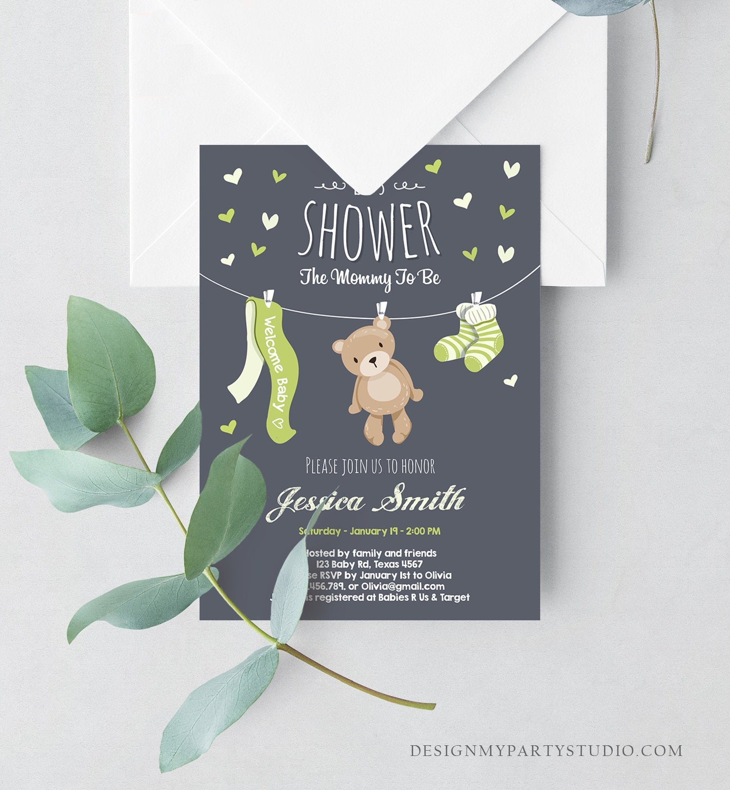 Editable Baby Shower Invitation Teddy Bear Cute baby Boy Blue Green Bear Little Cub Invitation Template Instant Download Digital Corjl 0025