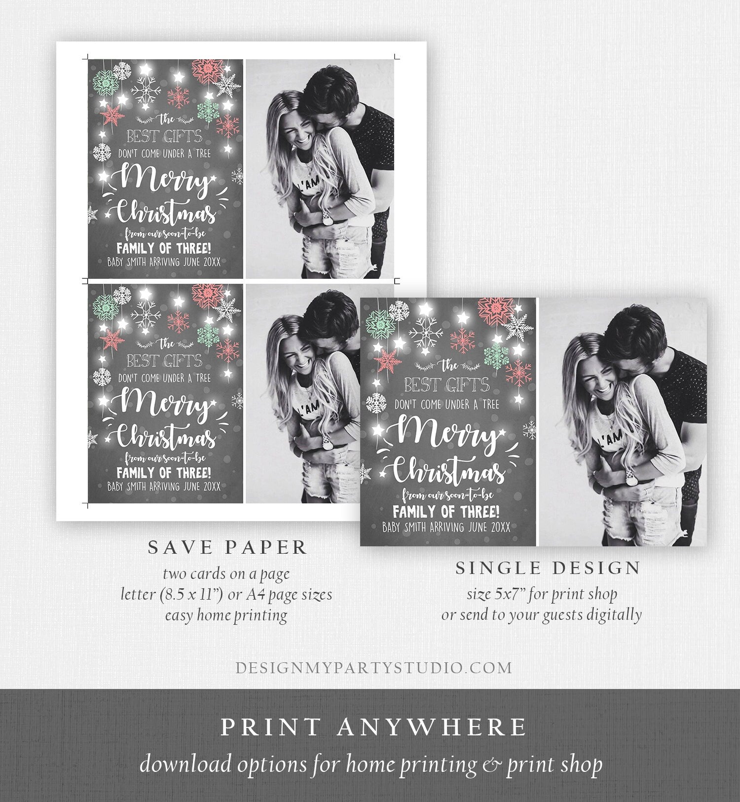 Editable Christmas Pregnancy Announcement Merry Christmas Pregnancy Reveal Photo Family of Three Printable Invitation Template Corjl