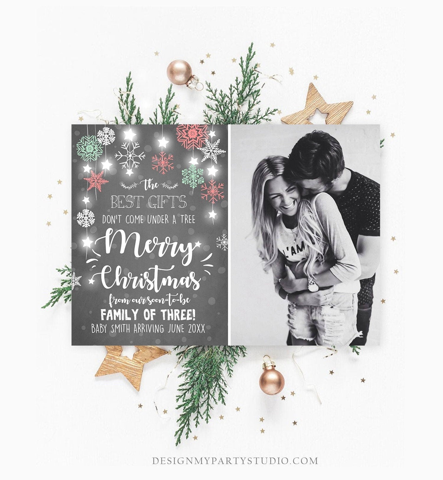 Editable Christmas Pregnancy Announcement Merry Christmas Pregnancy Reveal Photo Family of Three Printable Invitation Template Corjl