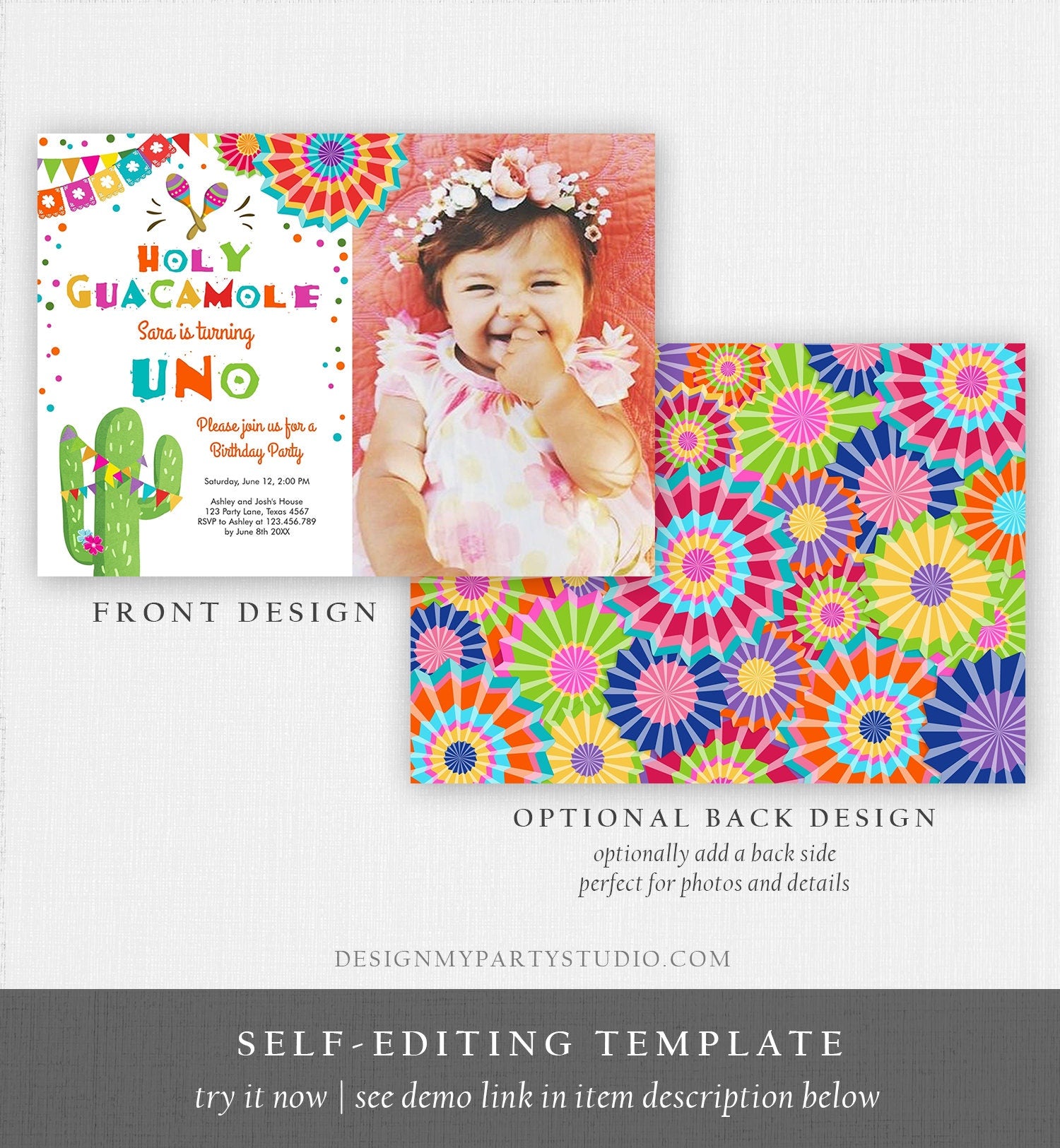 Editable Uno Fiesta Birthday Invitation Holy Guacamole First Birthday 1st Mexican Cactus Primer Cumpleaños Corjl Template Printable 0045