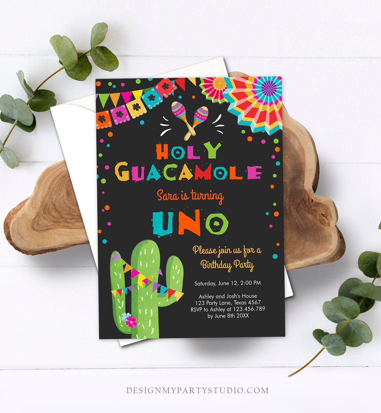 Editable Uno Fiesta Birthday Invitation Holy Guacamole First Birthday 1st Mexican Cactus Primer Cumpleaños Corjl Template Printable 0045