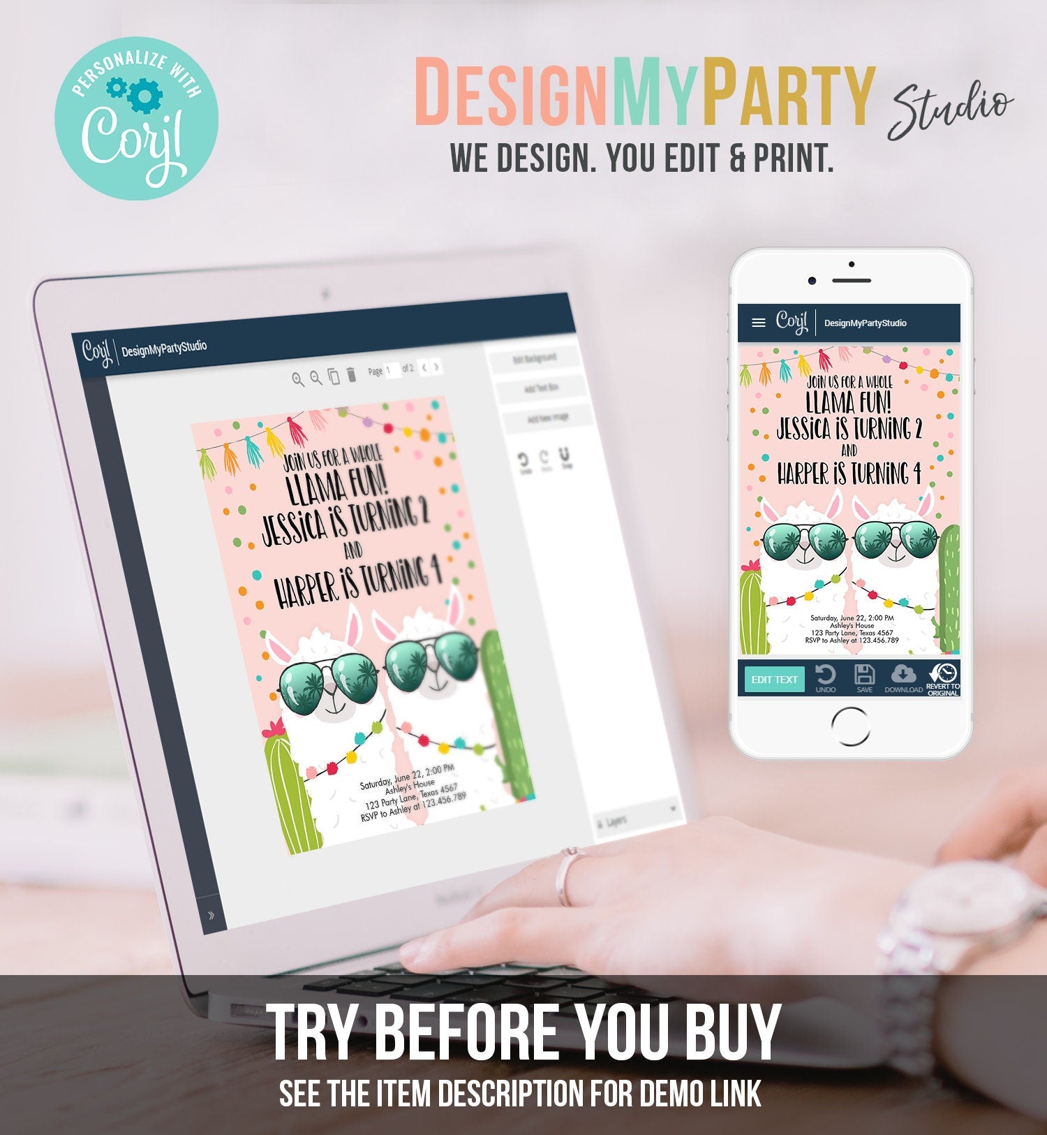 Editable Whole Llama Fun Birthday invitation Twin Llama Cactus Girls Joint Birthday Download Printable Invitation Template Corjl 0079