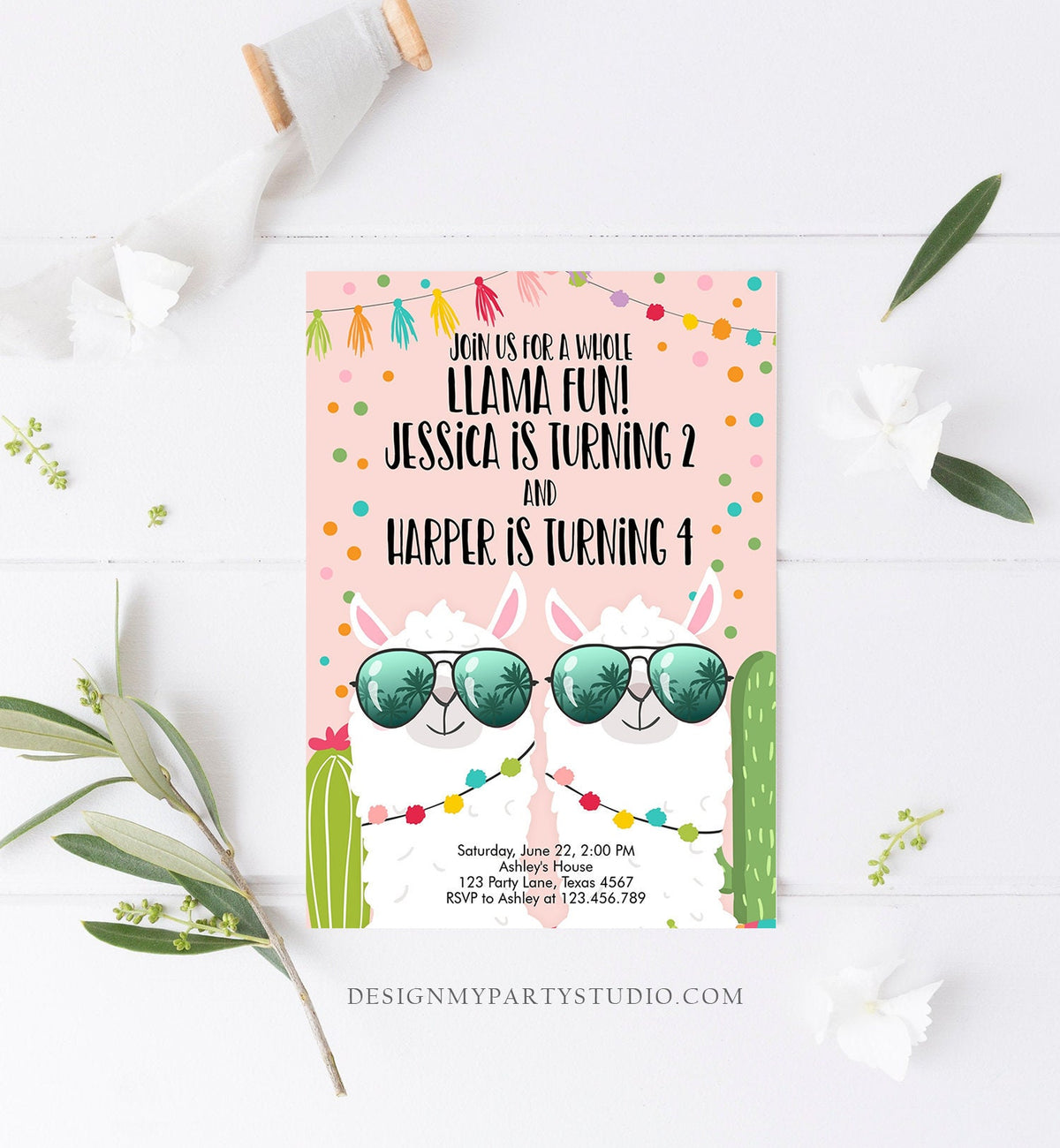 Editable Whole Llama Fun Birthday invitation Twin Llama Cactus Girls Joint Birthday Download Printable Invitation Template Corjl 0079