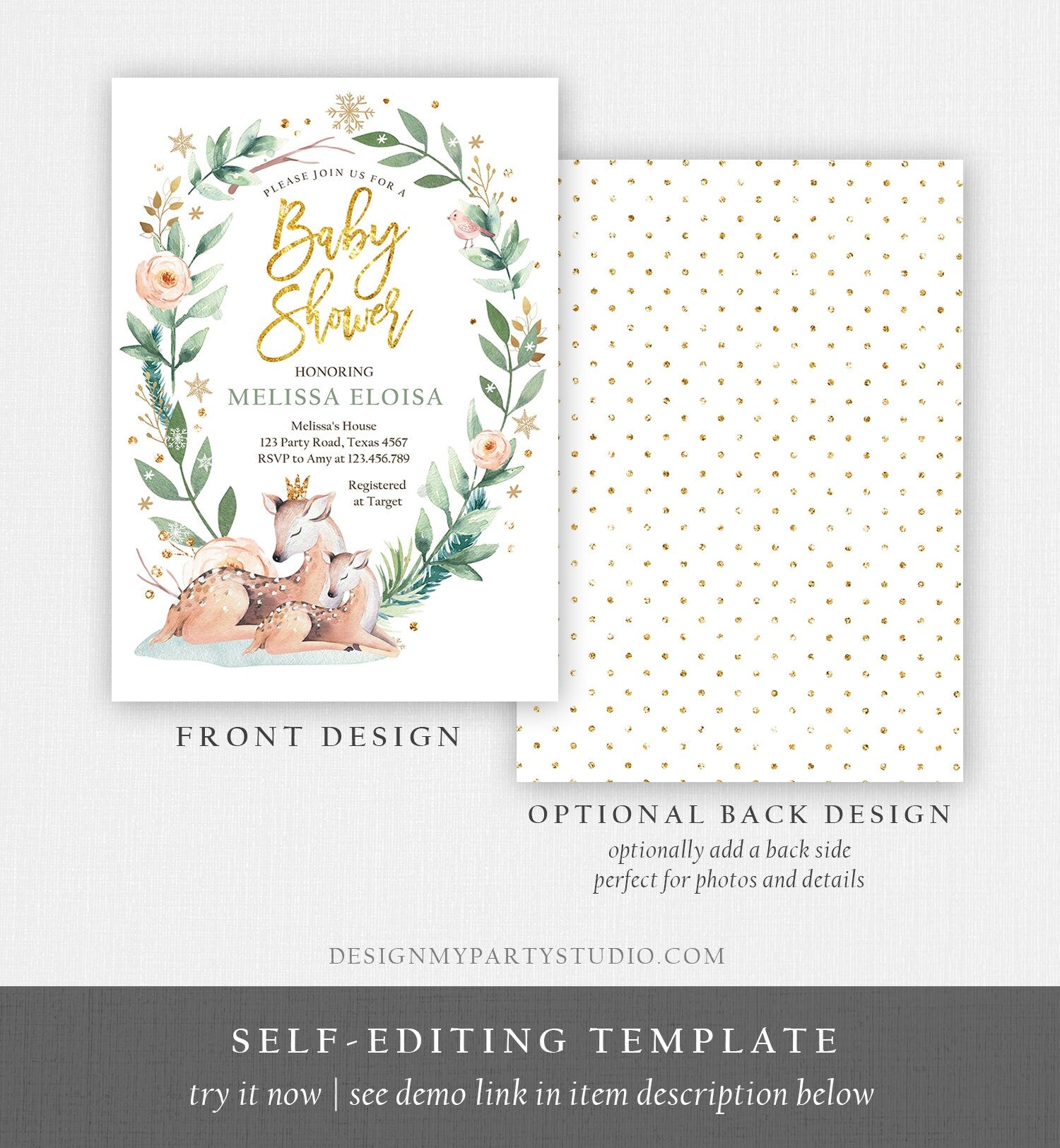 Editable Winter Baby Shower Invitation Oh Deer Snowflakes Gender Neutral Gold Foil Greenery Rustic Printable Invitation Template Corjl 0265