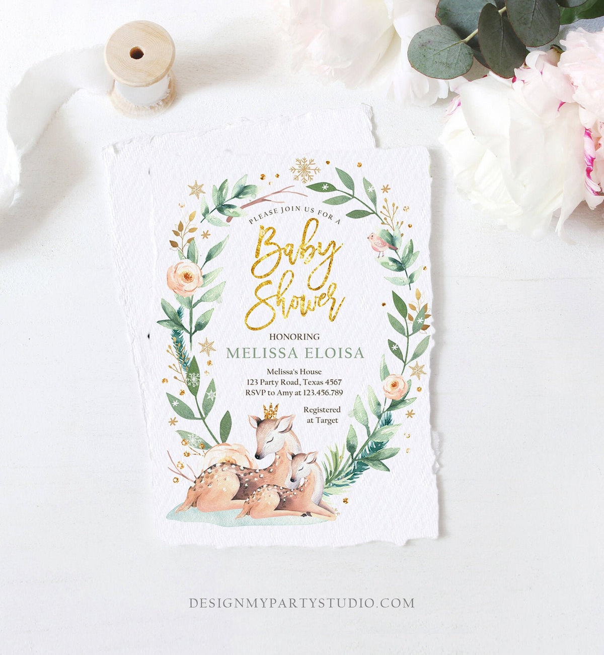 Editable Winter Baby Shower Invitation Oh Deer Snowflakes Gender Neutral Gold Foil Greenery Rustic Printable Invitation Template Corjl 0265