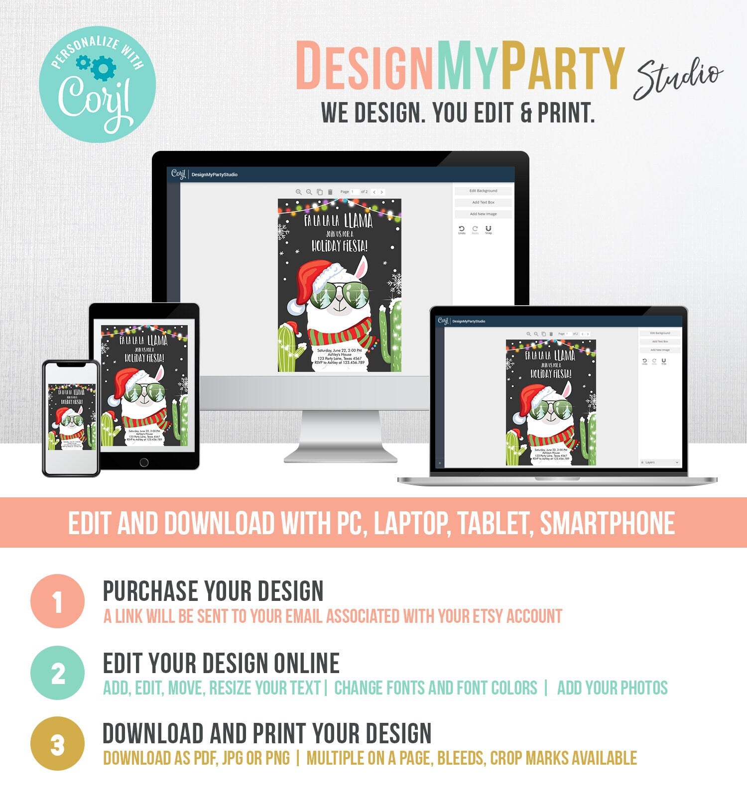 Editable Llama Christmas Party Invitation Cactus Mexican Holiday Fiesta Xmas Fa La La Sweater Party Download Printable Corjl Template 0273