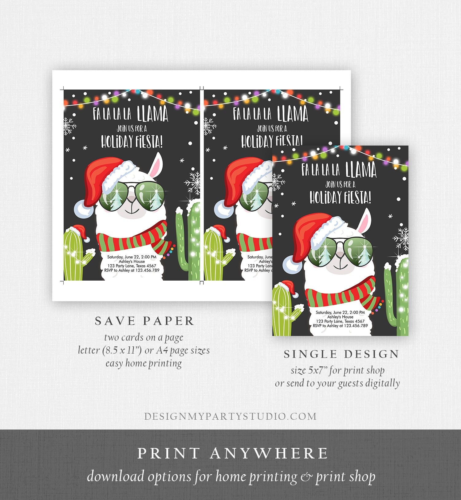 Editable Llama Christmas Party Invitation Cactus Mexican Holiday Fiesta Xmas Fa La La Sweater Party Download Printable Corjl Template 0273