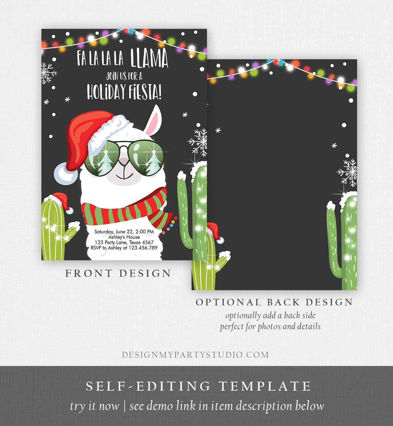 Editable Llama Christmas Party Invitation Cactus Mexican Holiday Fiesta Xmas Fa La La Sweater Party Download Printable Corjl Template 0273