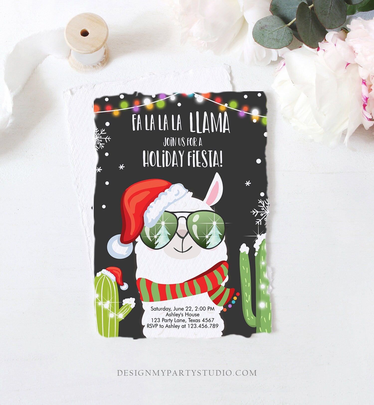 Editable Llama Christmas Party Invitation Cactus Mexican Holiday Fiesta Xmas Fa La La Sweater Party Download Printable Corjl Template 0273