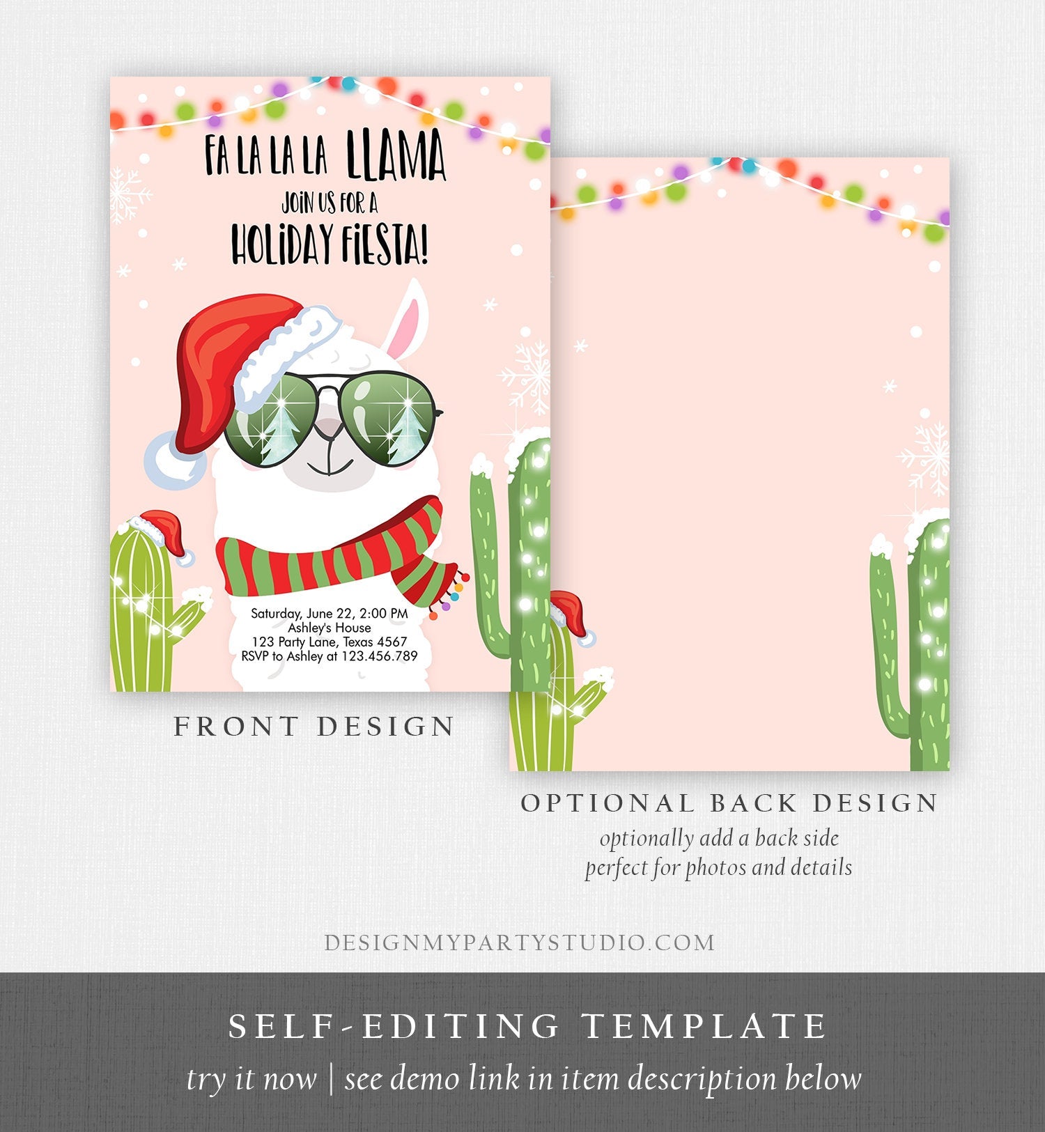 Editable Llama Christmas Party Invitation Cactus Mexican Holiday Fiesta Xmas Fa La La Sweater Party Download Printable Corjl Template 0273