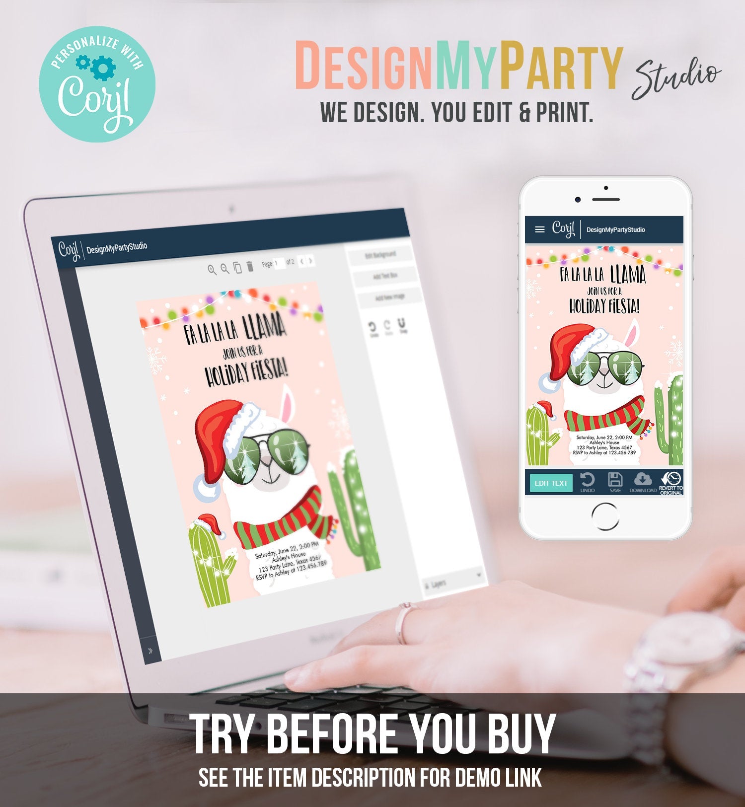 Editable Llama Christmas Party Invitation Cactus Mexican Holiday Fiesta Xmas Fa La La Sweater Party Download Printable Corjl Template 0273