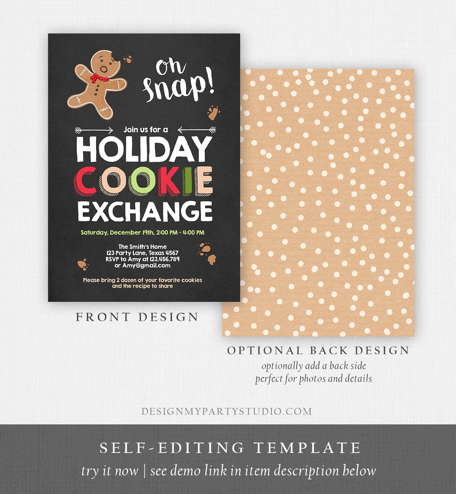 Editable Christmas Cookie Exchange Invitation Holiday Party Invite Cookie Party Gingerbread Xmas Download Printable Template Corjl 0111