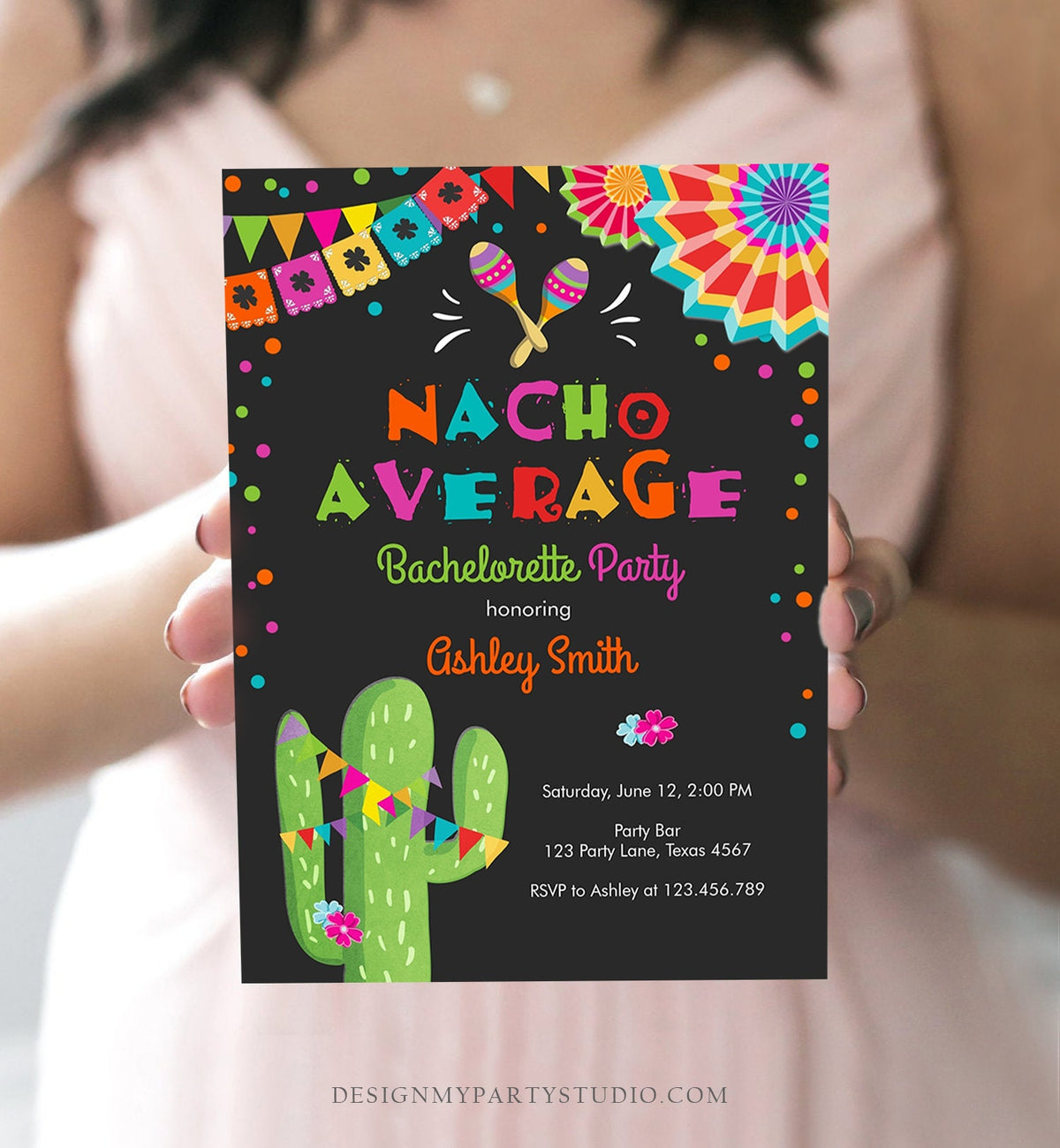 Editable Nacho Average Bachelorette Party Invitation Cactus Pink Let&#39;s Fiesta Mexican Bridal Shower Download Digital Corjl Template 0045