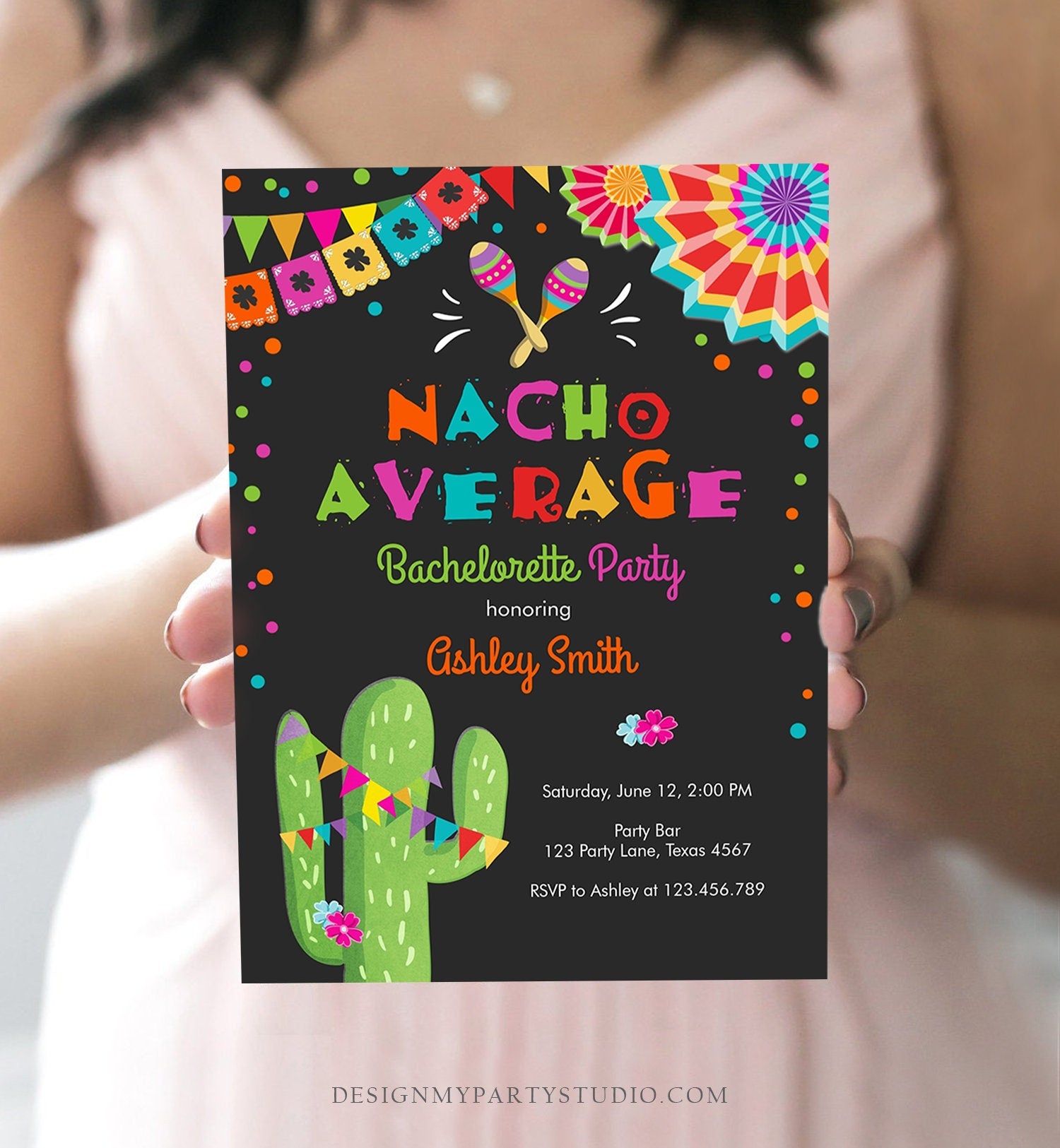 Editable Nacho Average Bachelorette Party Invitation Cactus Pink Let's Fiesta Mexican Bridal Shower Download Digital Corjl Template 0045