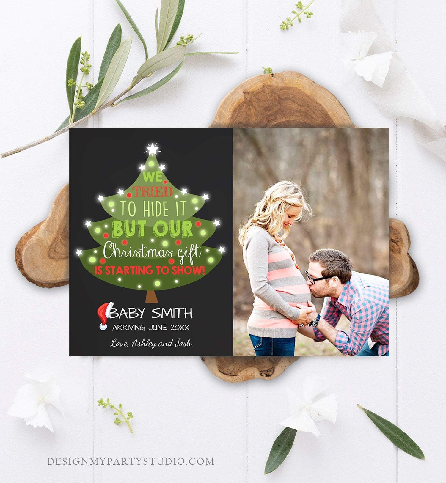 Editable Christmas Pregnancy Announcement Merry Christmas Pregnancy Reveal Tree Grandparents Download Printable Card Template Corjl