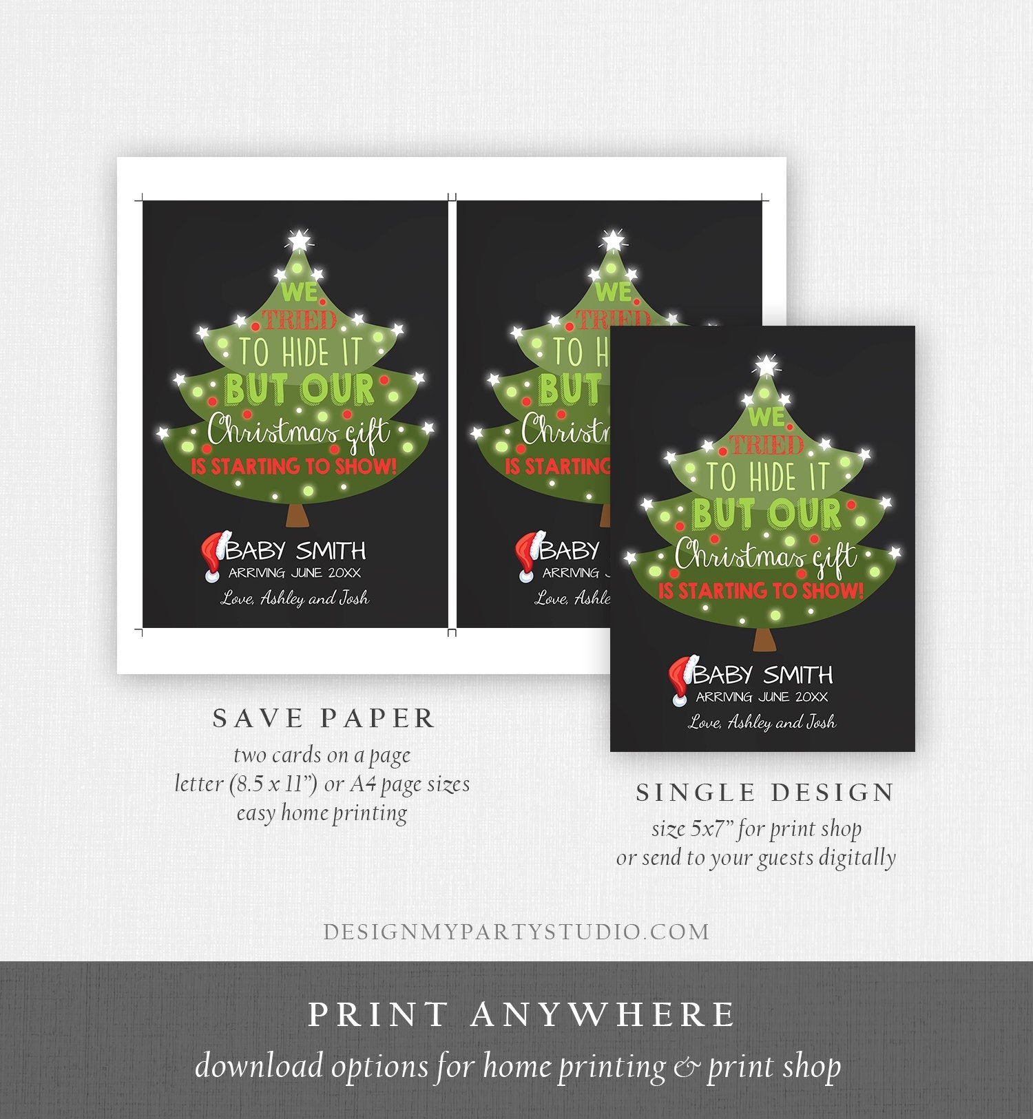 Editable Christmas Pregnancy Announcement Merry Christmas Pregnancy Reveal Tree Grandparents Download Printable Card Template Corjl