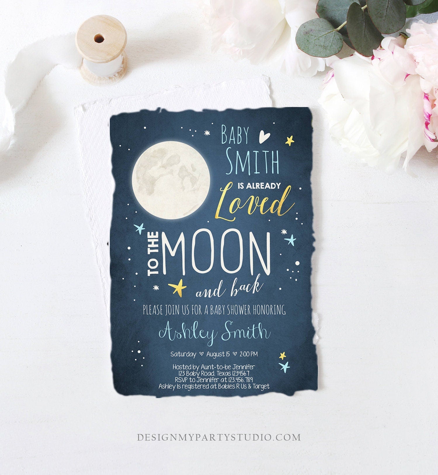 Editable Love You to the Moon and Back Baby Shower Invitation Boy Blue Stars Moon Gold Baby Arriving Instant Download Corjl Template 0017