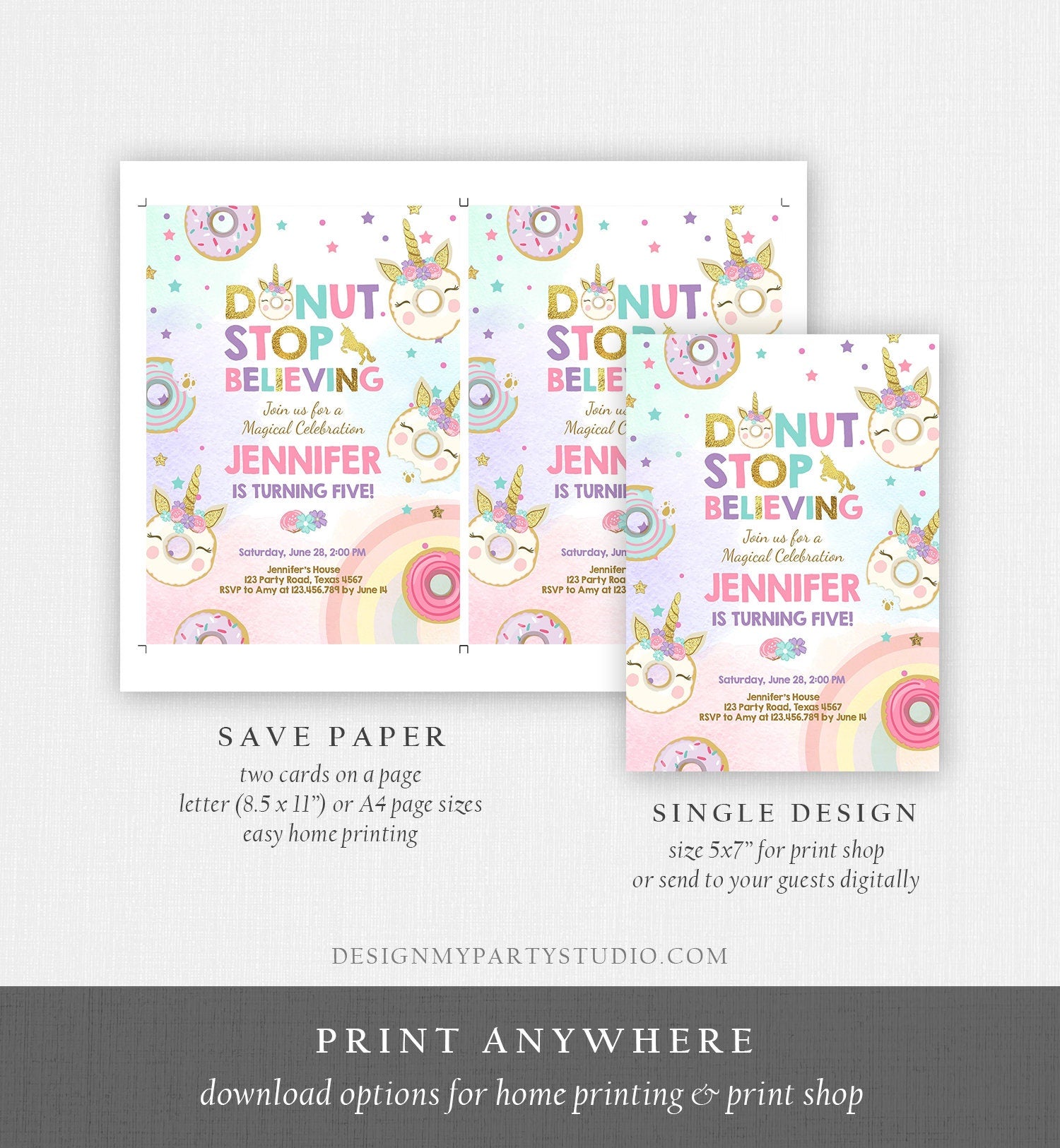 Editable Unicorn Donut Birthday Invitation Donut Stop Believing Magical Rainbow Girl Pink Purple Gold Glitter Printable Corjl Template 0041