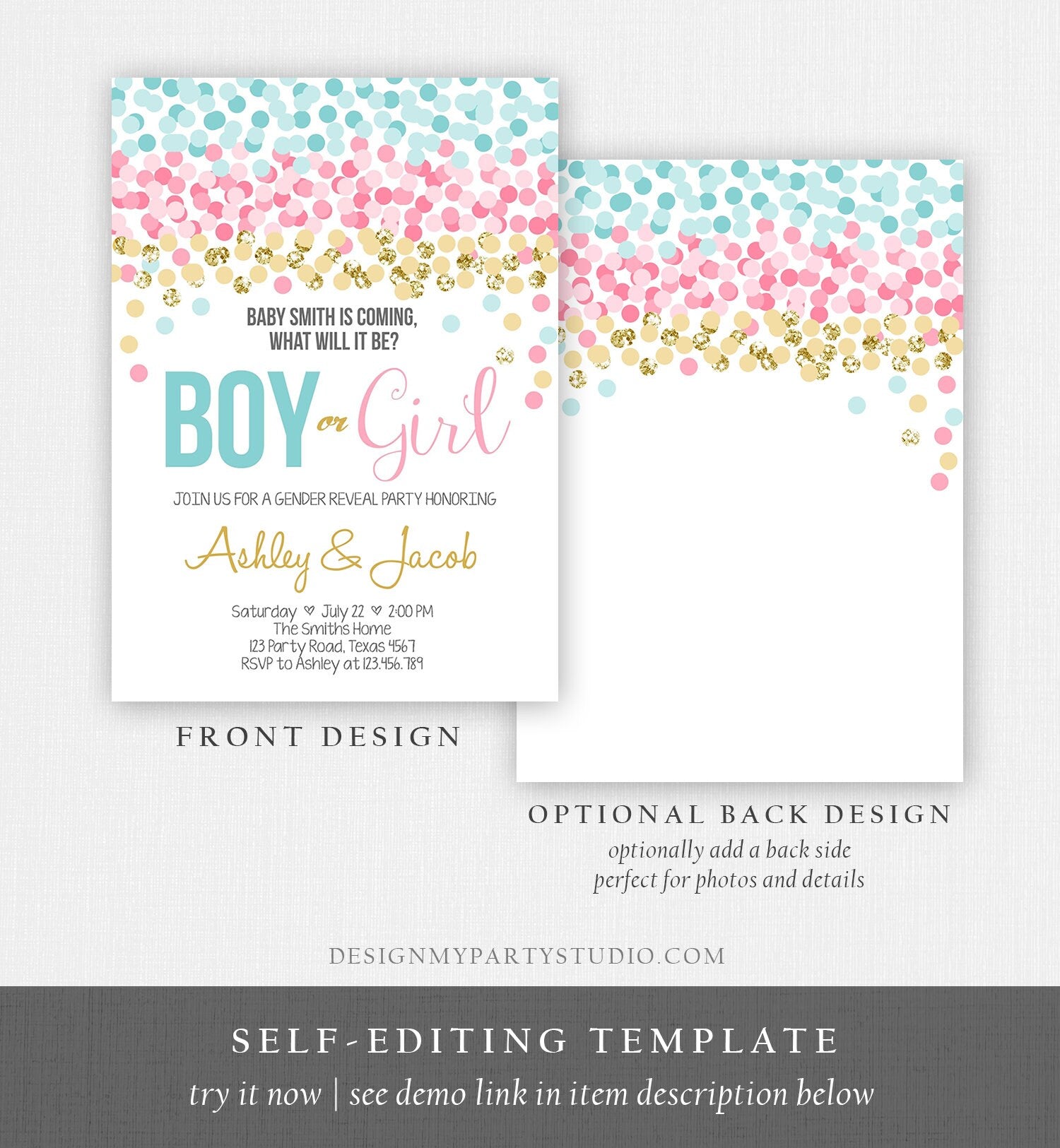 Editable Gender Reveal Invitation Confetti Blue or Pink Gold Boy or Girl He or She Rustic Instant Download Printable Template Corjl 0133