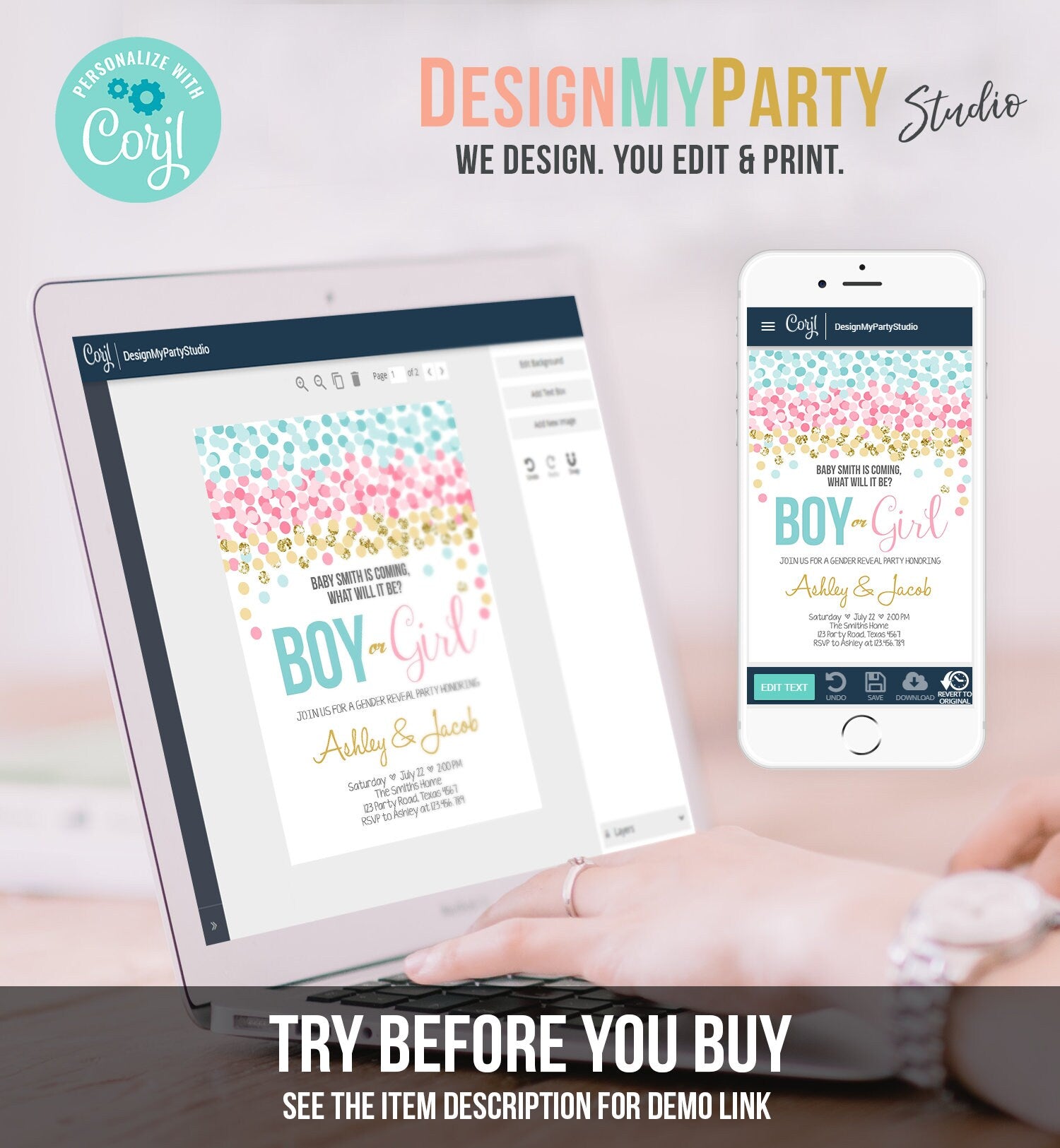 Editable Gender Reveal Invitation Confetti Blue or Pink Gold Boy or Girl He or She Rustic Instant Download Printable Template Corjl 0133