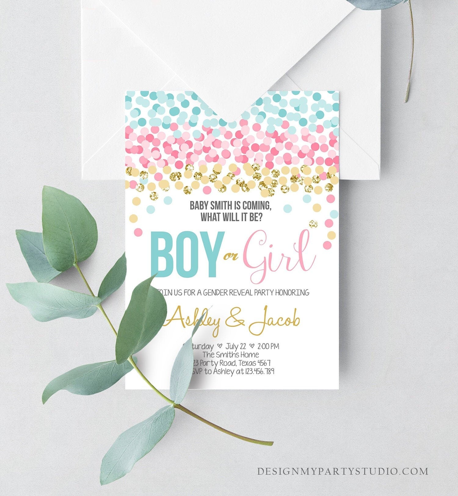 Editable Gender Reveal Invitation Confetti Blue or Pink Gold Boy or Girl He or She Rustic Instant Download Printable Template Corjl 0133