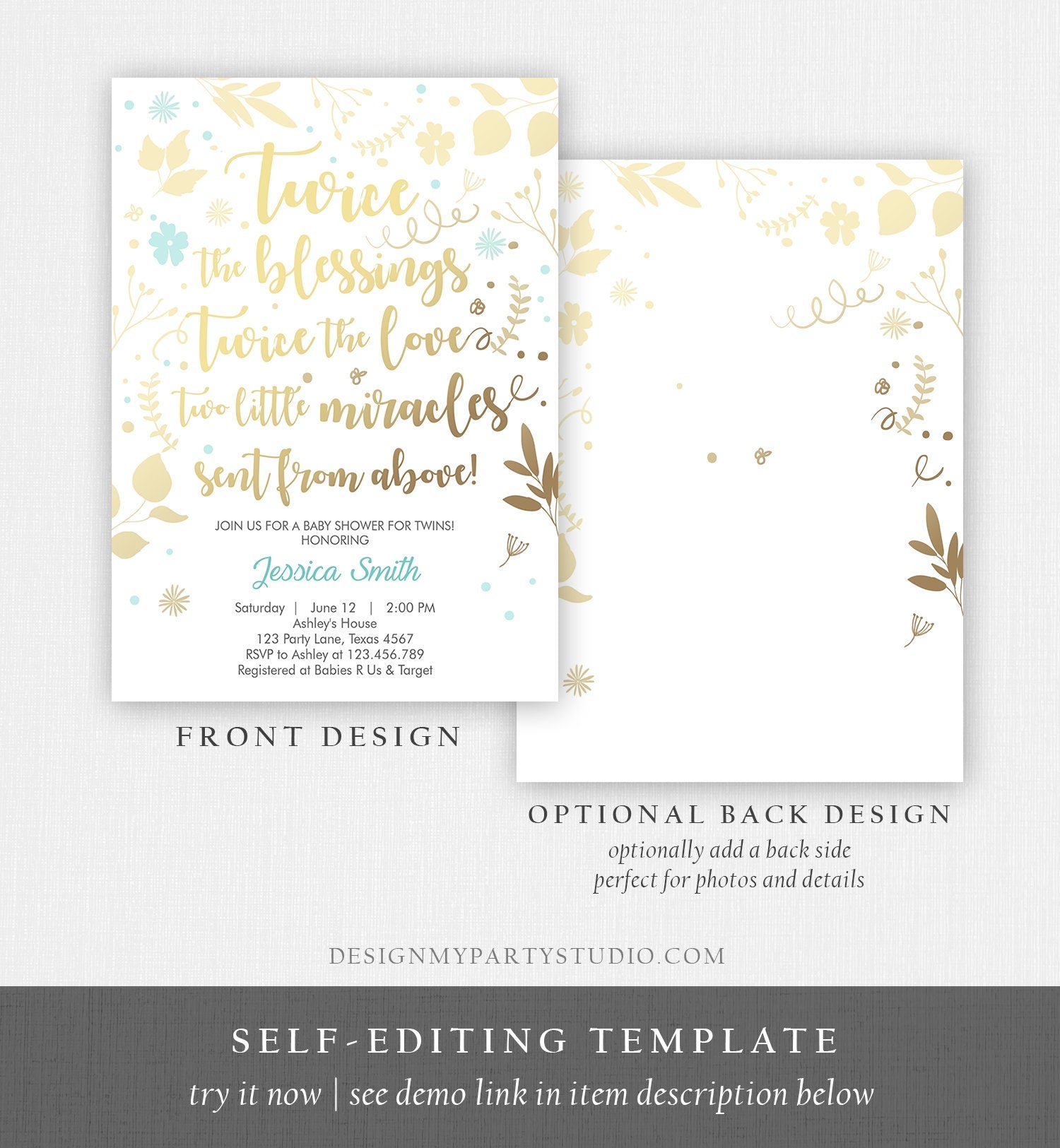 Editable Twin Baby Shower Invitation Twin Boys Blue Gold Blessings Rustic Modern Floral Twin Shower Invitation Template Download Corjl 0285