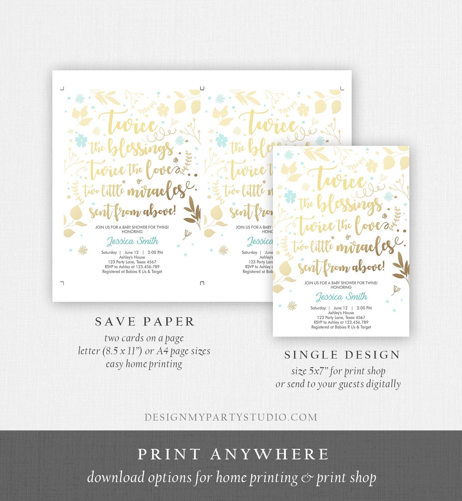 Editable Twin Baby Shower Invitation Twin Boys Blue Gold Blessings Rustic Modern Floral Twin Shower Invitation Template Download Corjl 0285