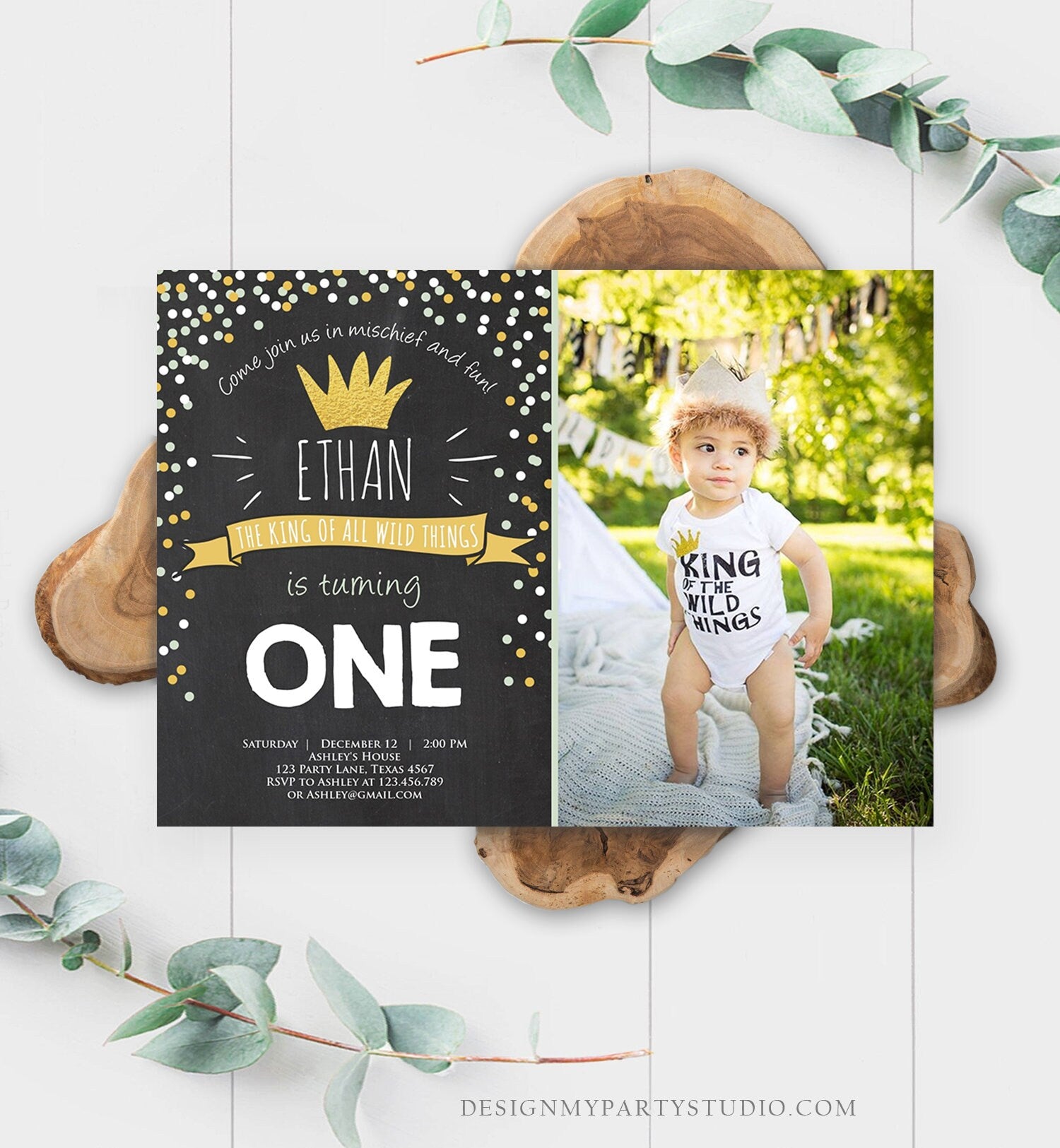 Editable Birthday Invitation Wild One Black Gold Wild Things Boy First Birthday Crown Download Printable Invitation Template Corjl 0099