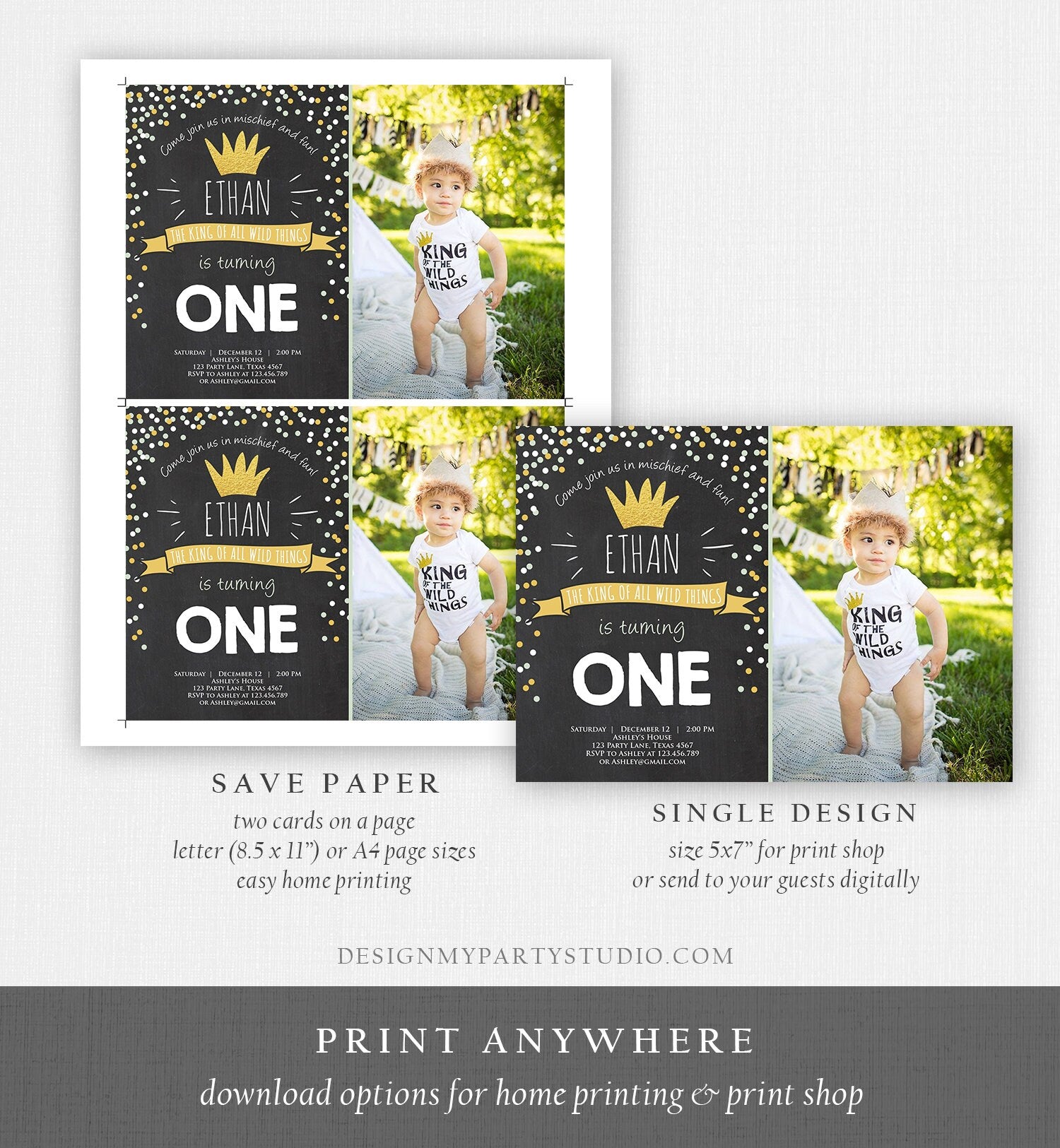 Editable Birthday Invitation Wild One Black Gold Wild Things Boy First Birthday Crown Download Printable Invitation Template Corjl 0099