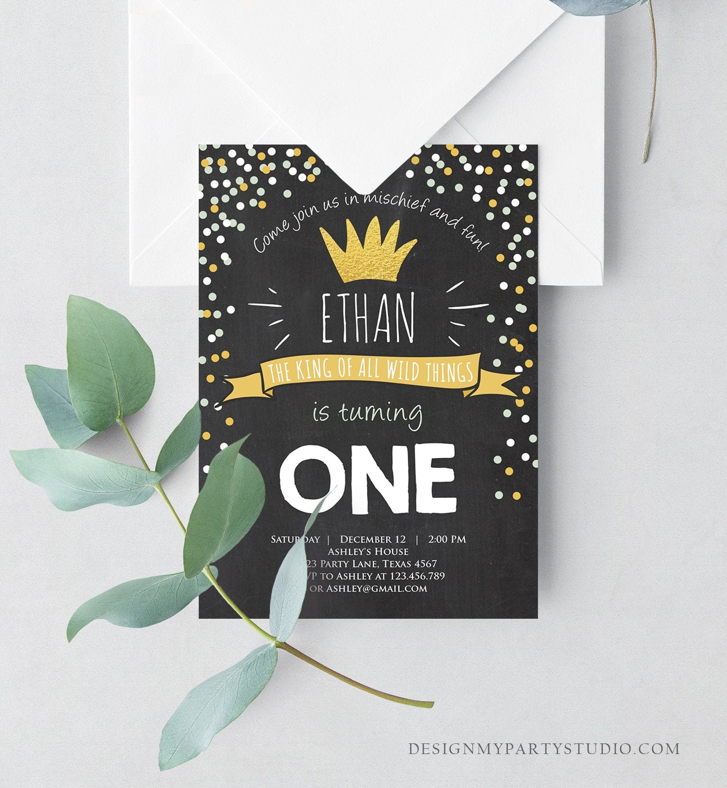 Editable Birthday Invitation Wild One Black Gold Wild Things Boy First Birthday Crown Download Printable Invitation Template Corjl 0099