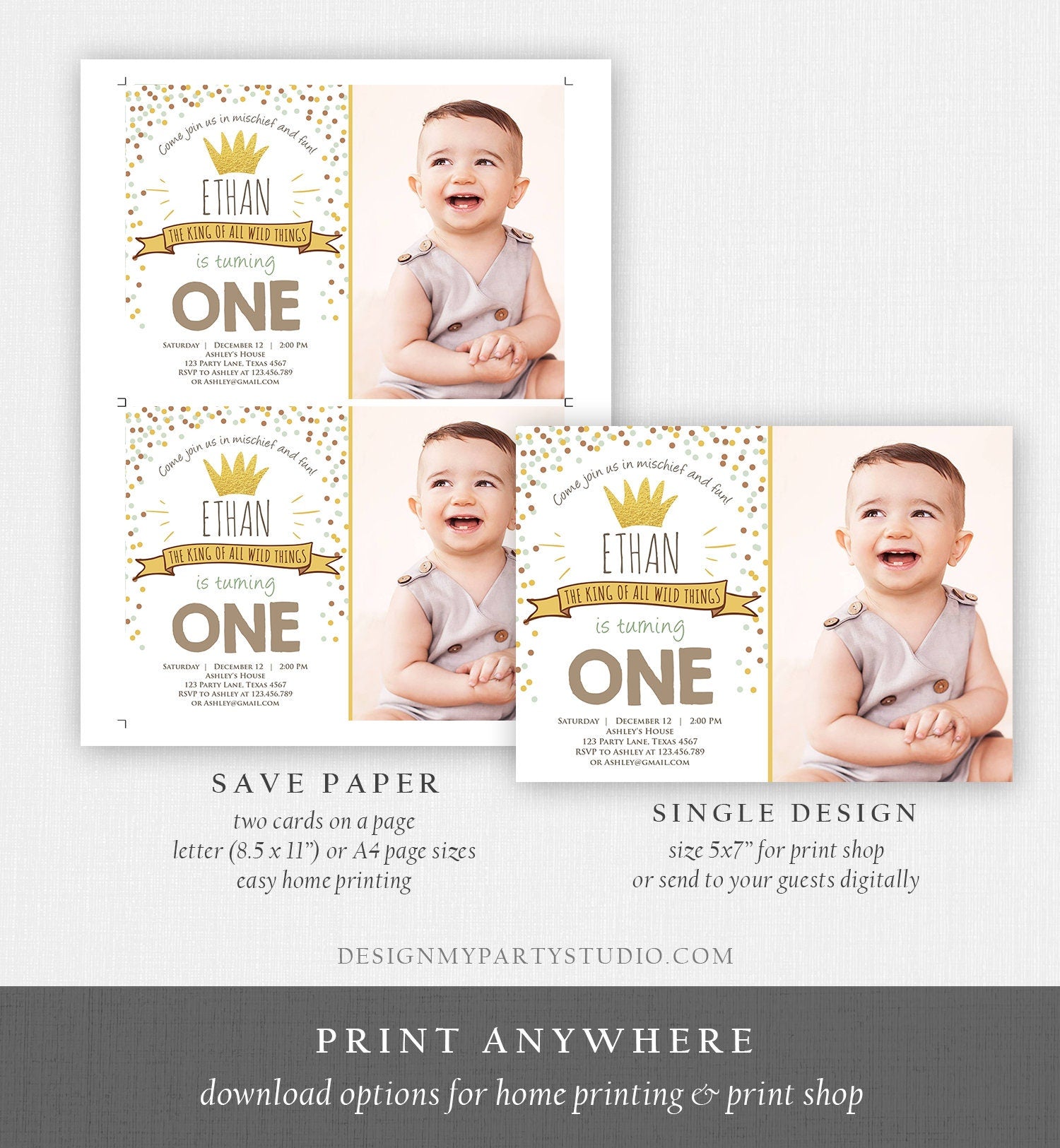 Editable Birthday Invitation Wild One Gold Crown Wild Things Boy First Birthday Instant Download Printable Invitation Template Corjl 0099