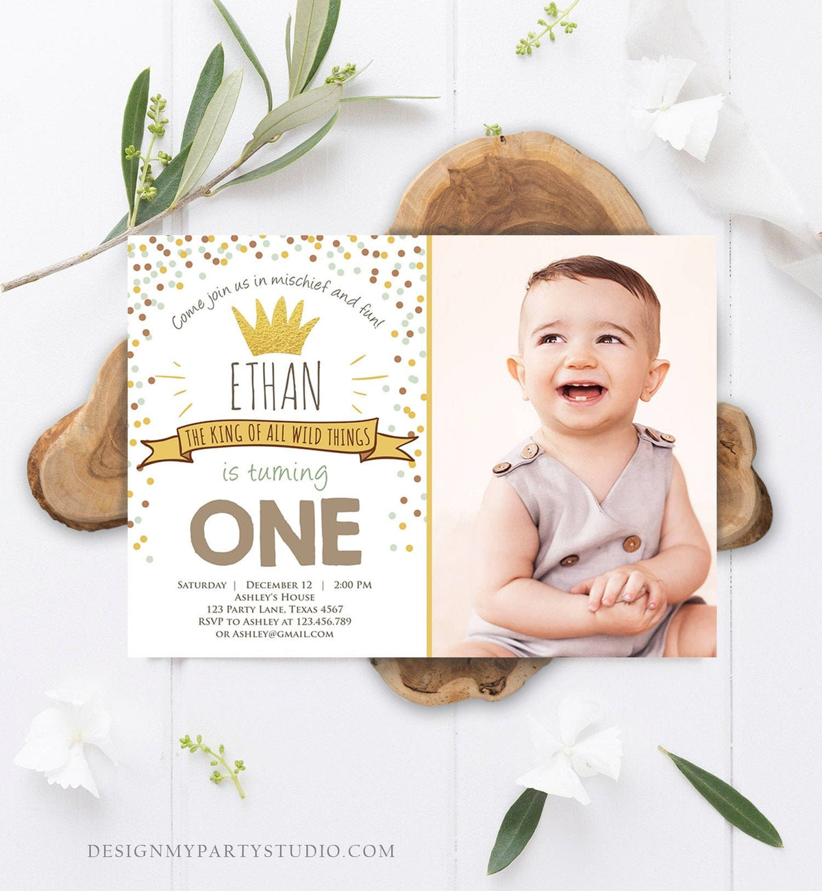 Editable Birthday Invitation Wild One Gold Crown Wild Things Boy First Birthday Instant Download Printable Invitation Template Corjl 0099