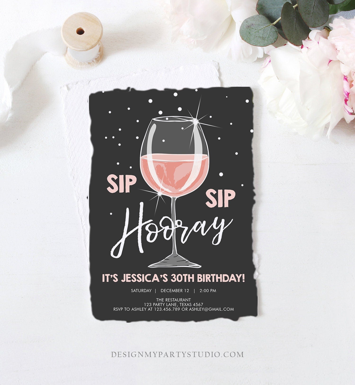 Editable Sip Sip Hooray Birthday Invitation Adult Surprise Party Rustic Chalk 30th Rose Wine Posh Chic Printable Corjl Template 0252