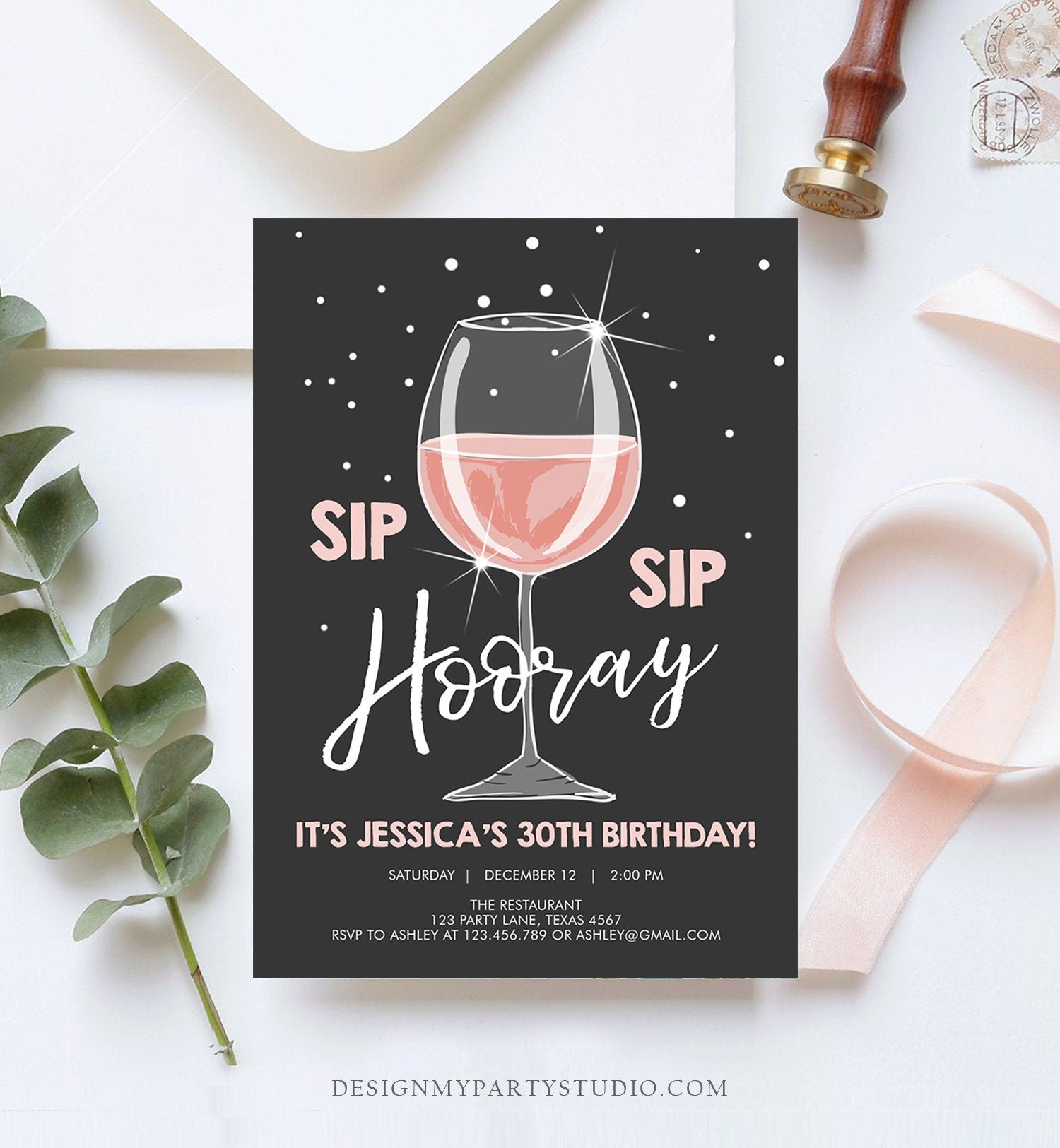 Editable Sip Sip Hooray Birthday Invitation Adult Surprise Party Rustic Chalk 30th Rose Wine Posh Chic Printable Corjl Template 0252