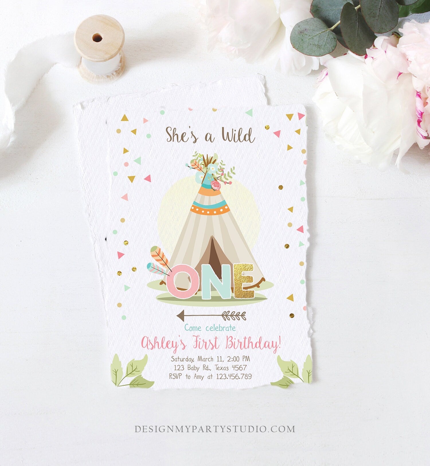 Editable Wild One Birthday Invitation Teepee Boho Tribal First Birthday Girl Pink Gold Teal Digital Download Printable Corjl Template 0092