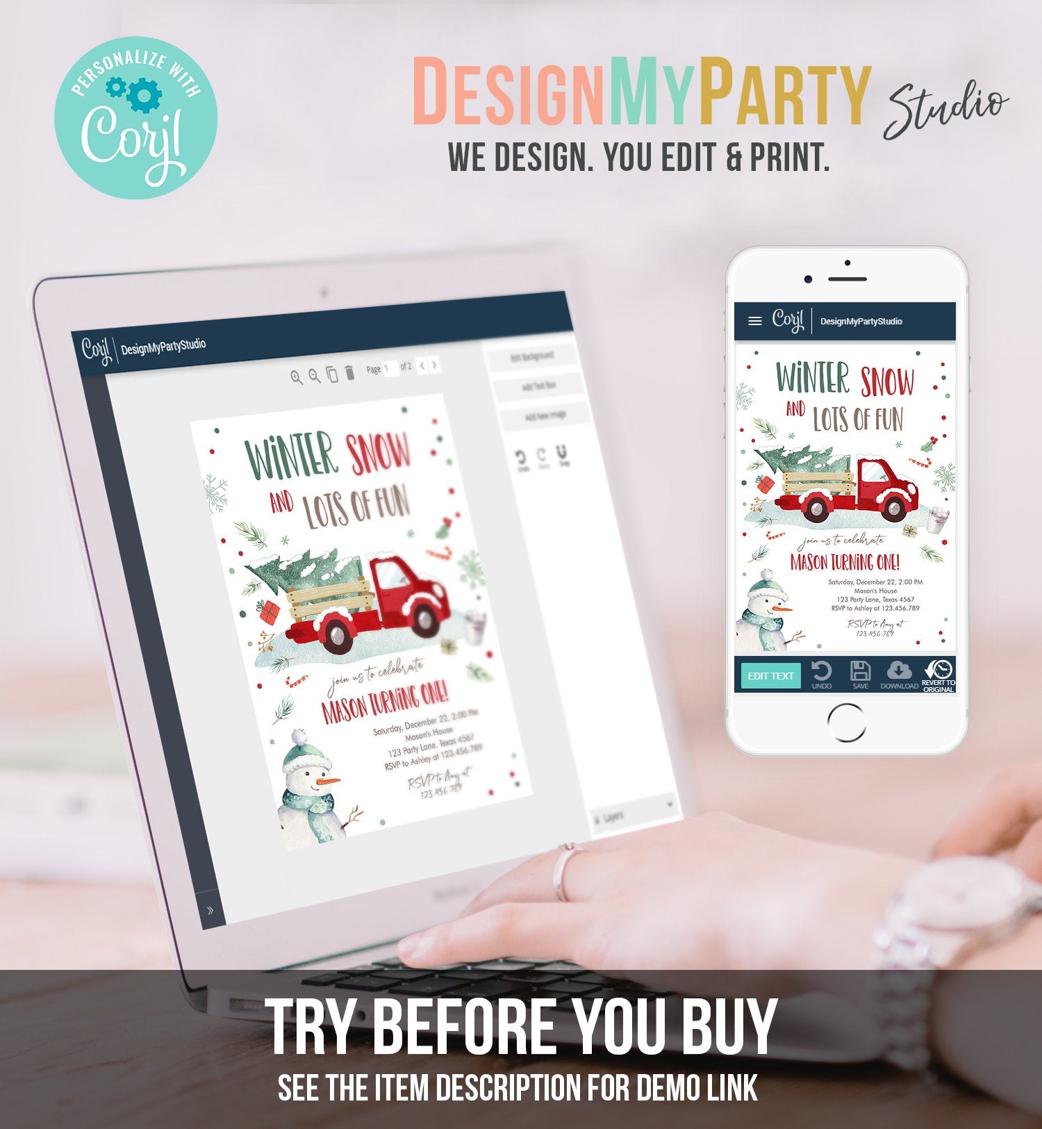 Editable ANY AGE Winter Birthday Invitation Boy Red Truck Birthday Party Winter Onederland Download Printable Invite Template Corjl 0278