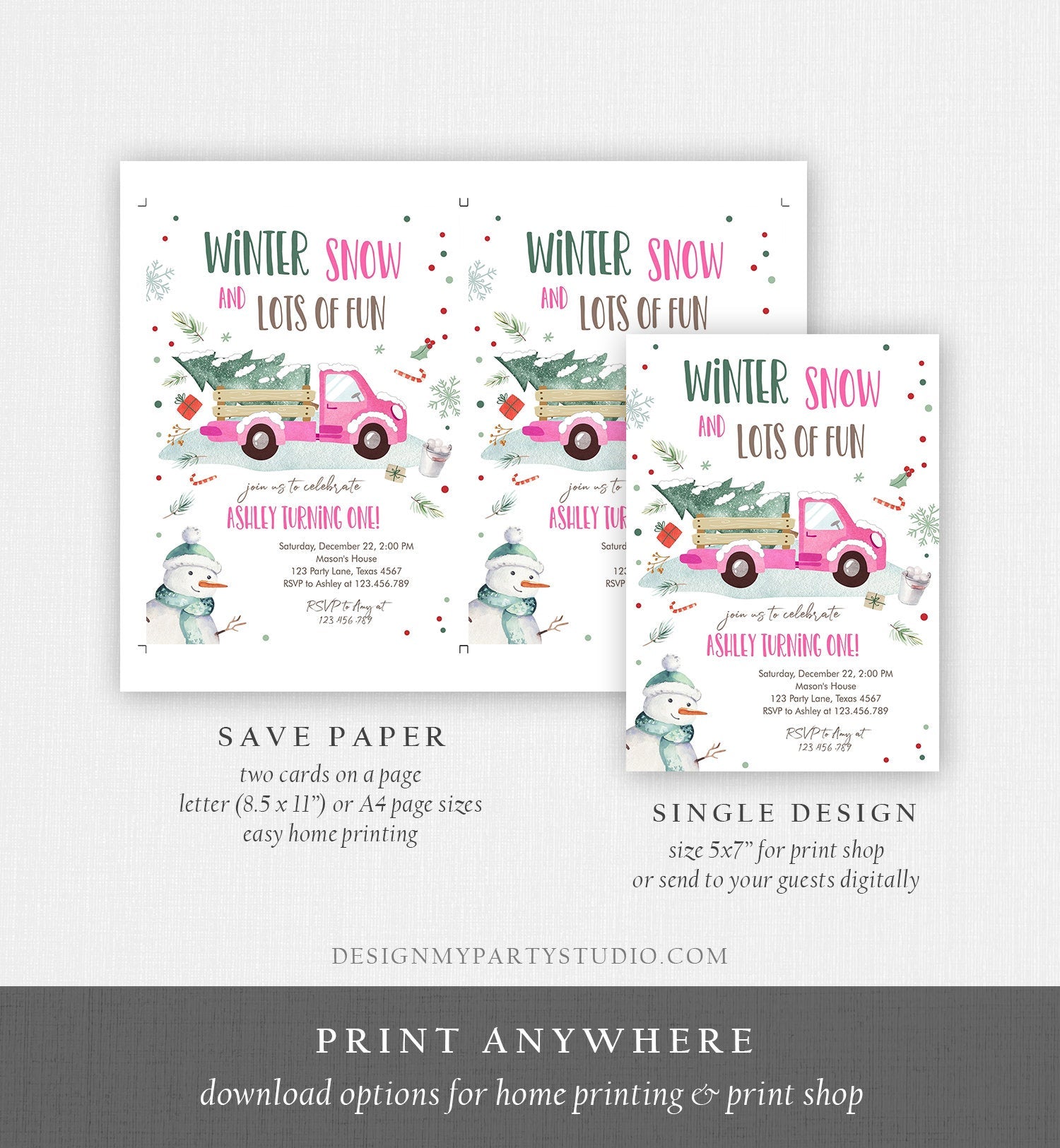 Editable ANY AGE Winter Birthday Invitation Girl Pink Truck Birthday Party Winter Onederland Download Printable Invite Template Corjl 0278