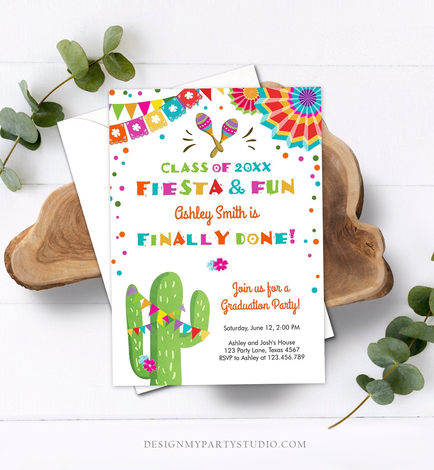 Editable Fiesta and Fun Graduation Party Invitation Finally Done Let's Fiesta Mexican High School College Degree Diploma Corjl Template 0045